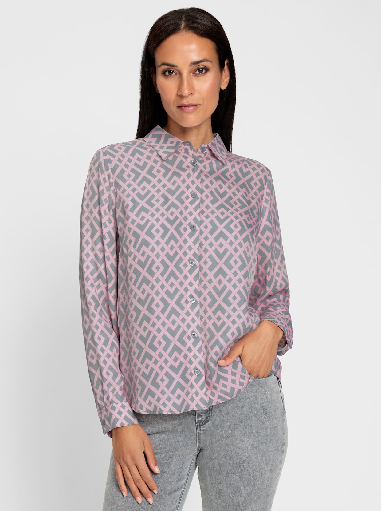 heine Overhemdblouse - steengrijs/lichtroze bedrukt