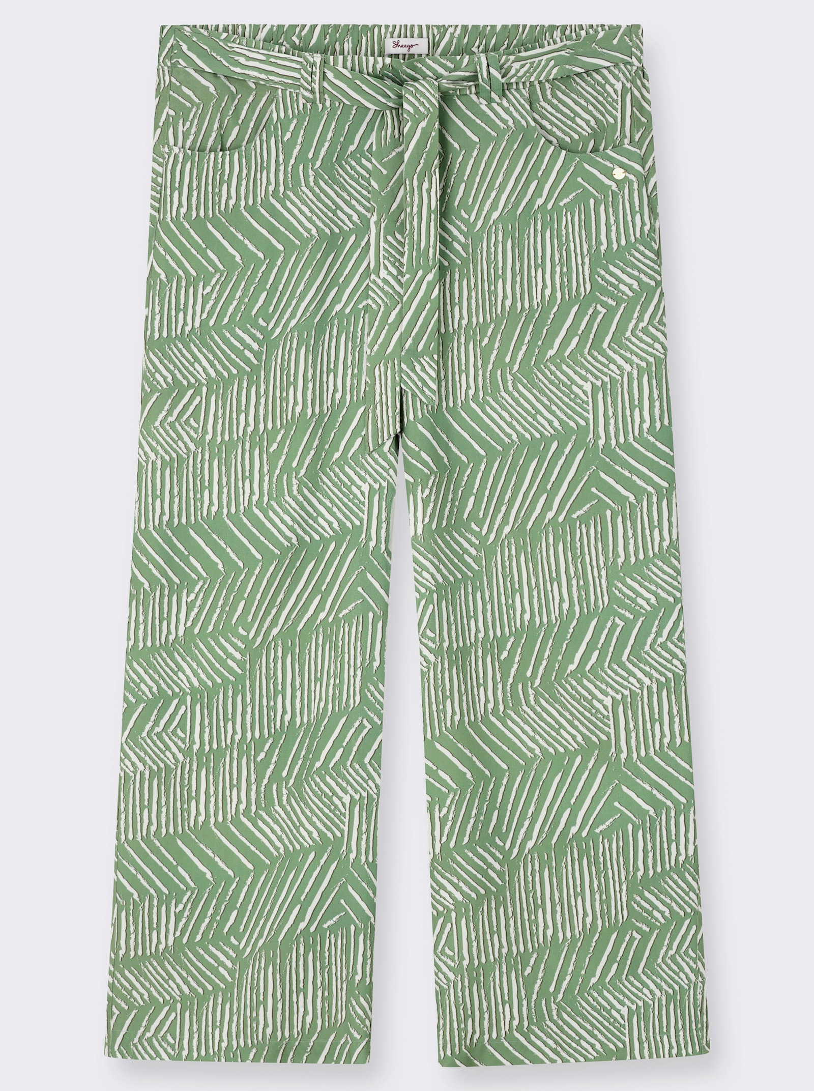 sheego 7/8-Hose mit Alloverprint und Bindegürtel - eucalyptus-ecru-bedruckt