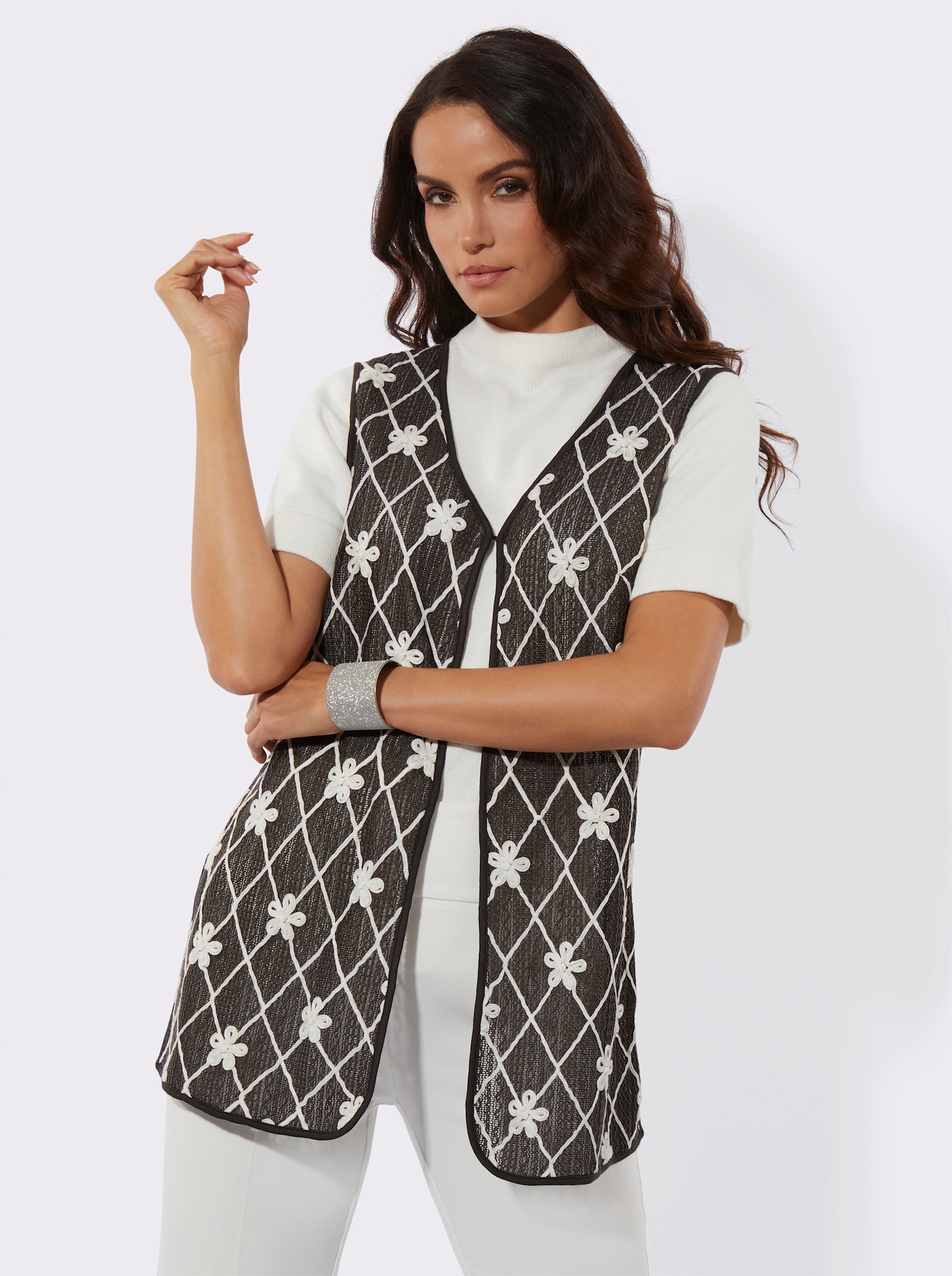 Longweste mit Rauten-Applikation - graphit-champagner