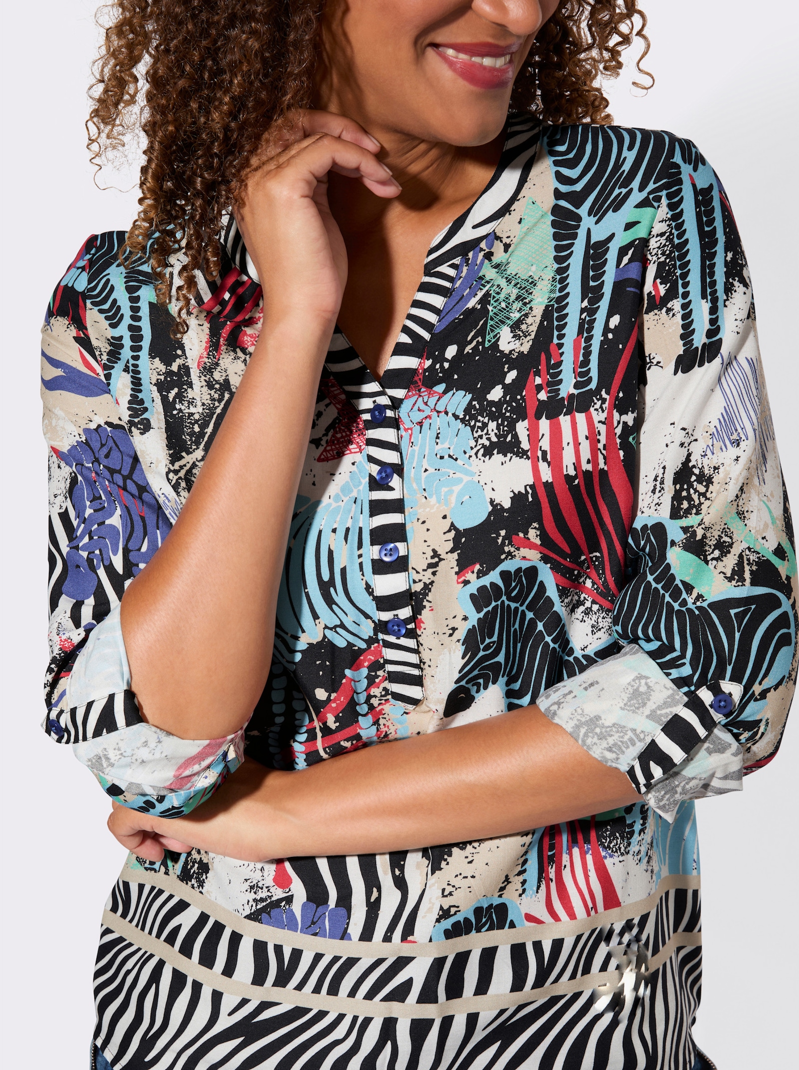Druckbluse mit Zebra-Druck - schwarz-sand-gemustert