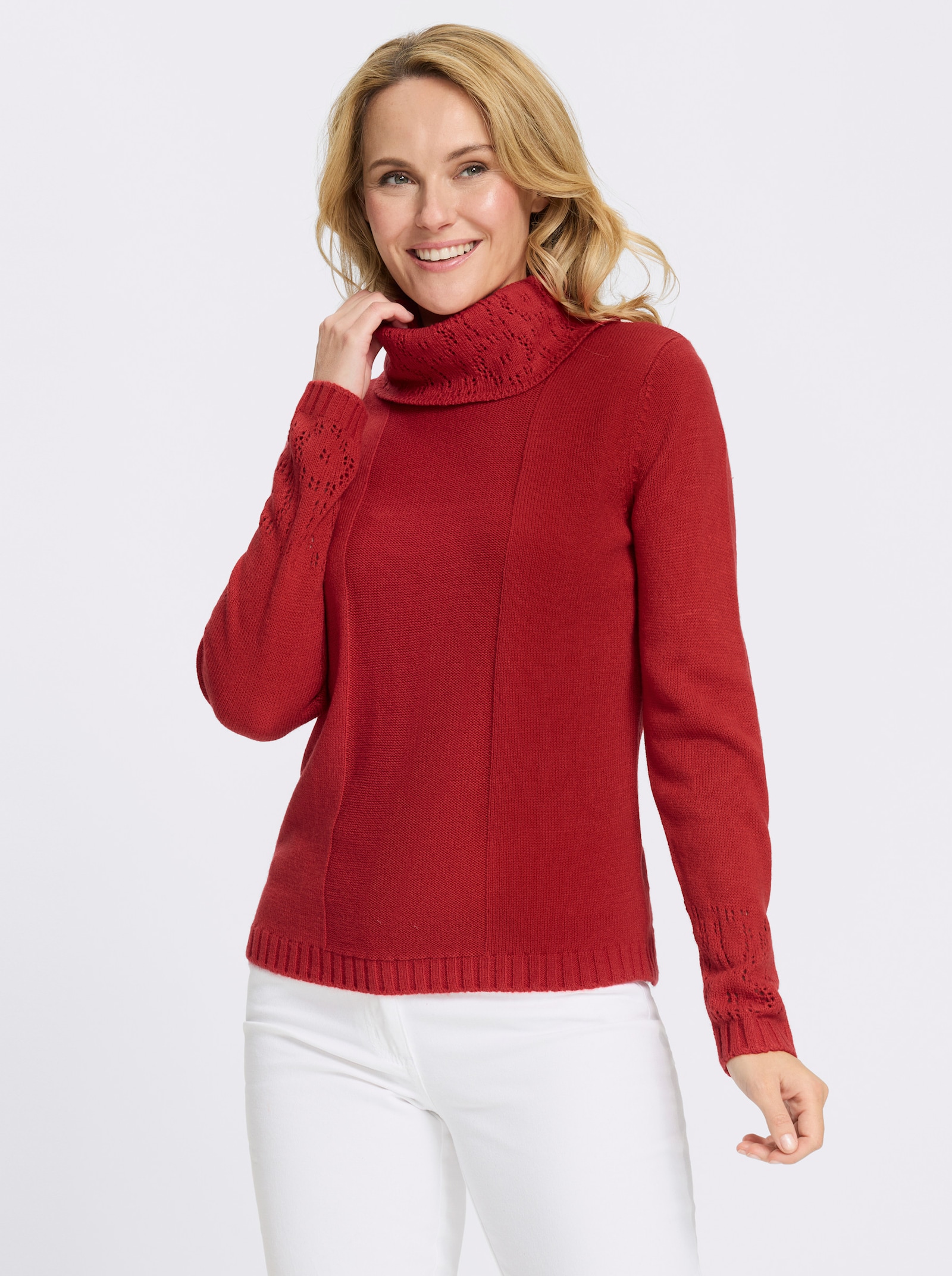 Rollkragenpullover mit Ajourmuster - erdbeere