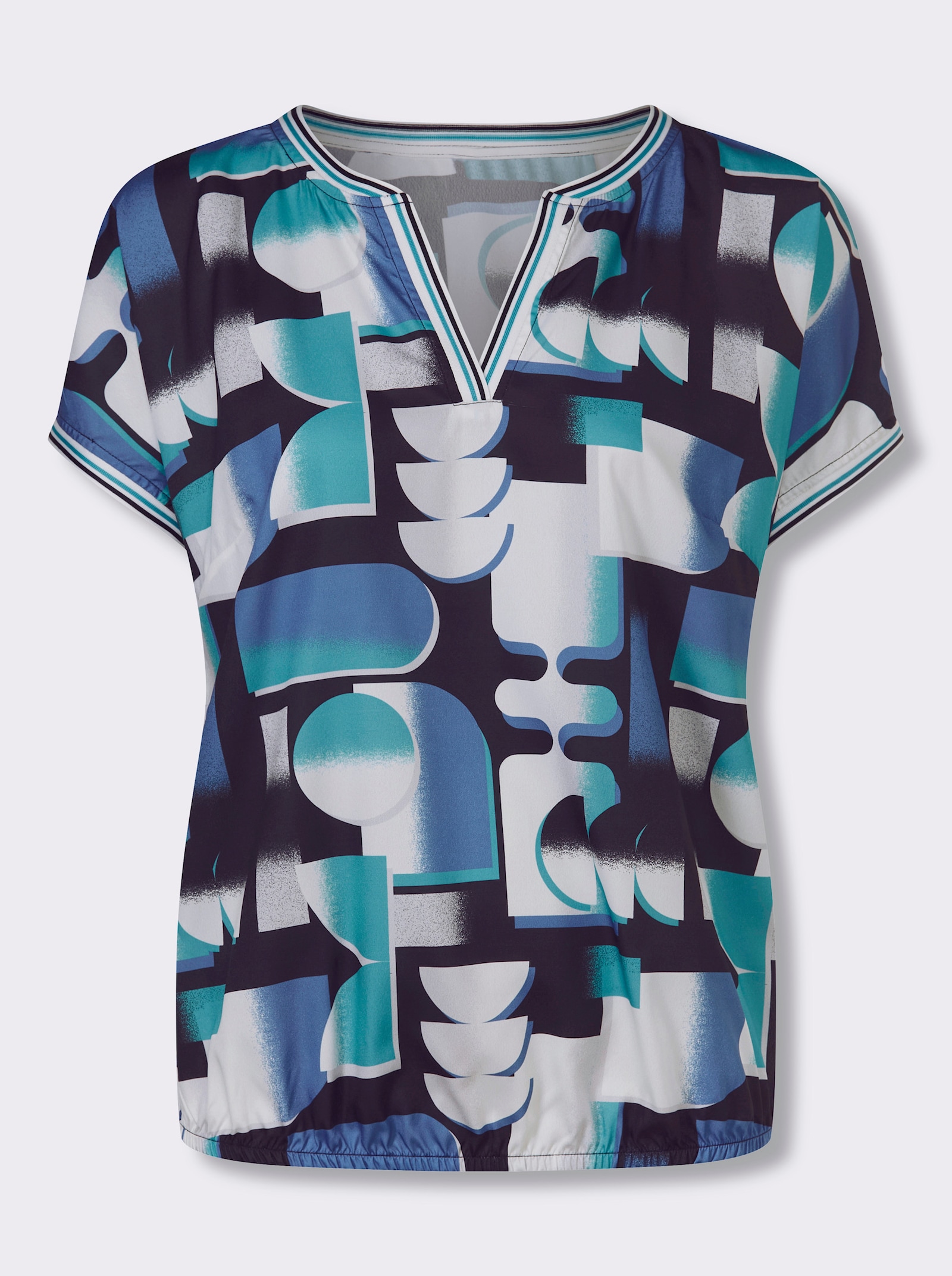 Schlupfbluse im Grafik-Dessin - türkis-schwarz-bedruckt
