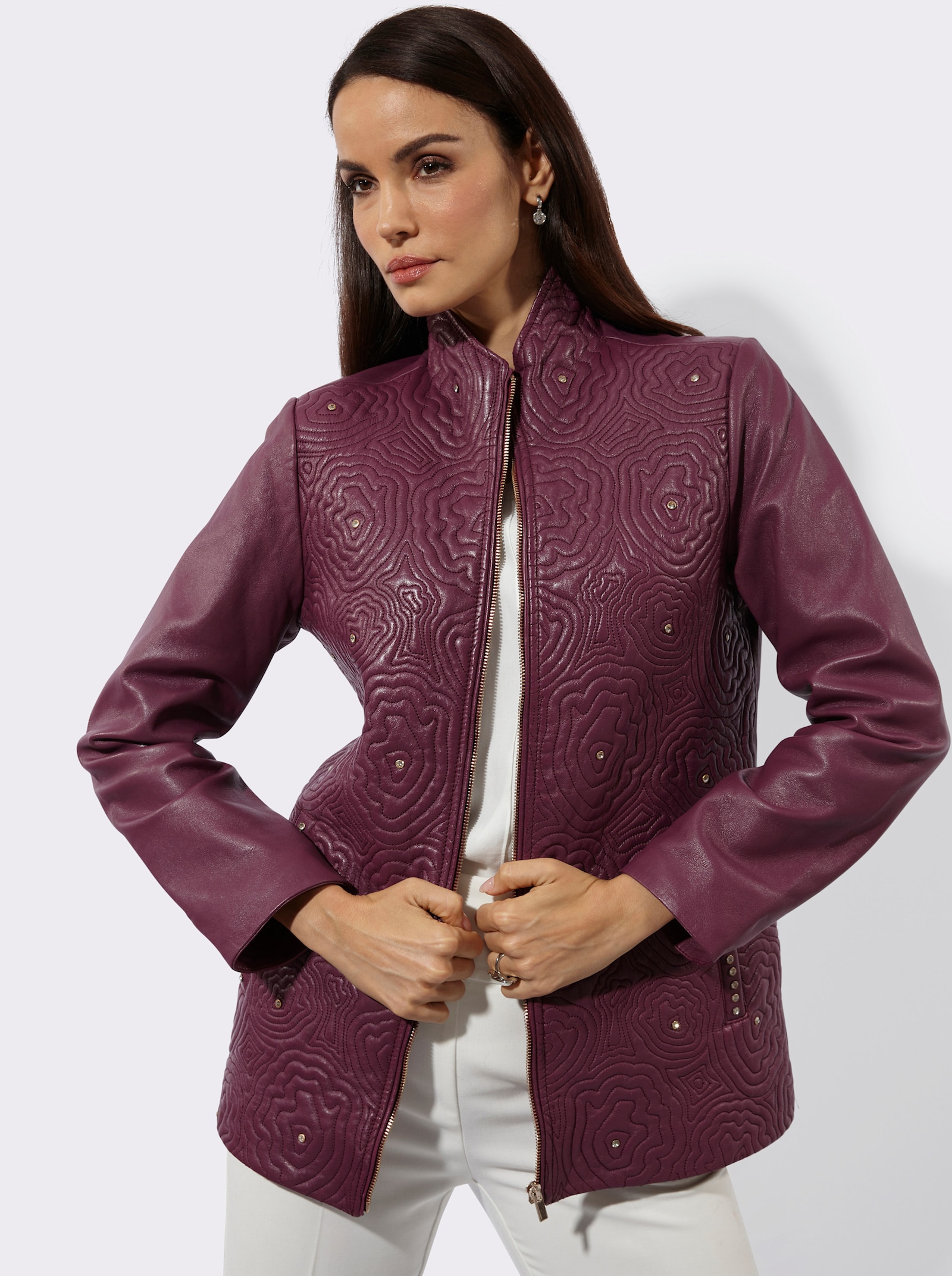 Mainpol Lederjacke mit Blütenstickerei - bordeaux