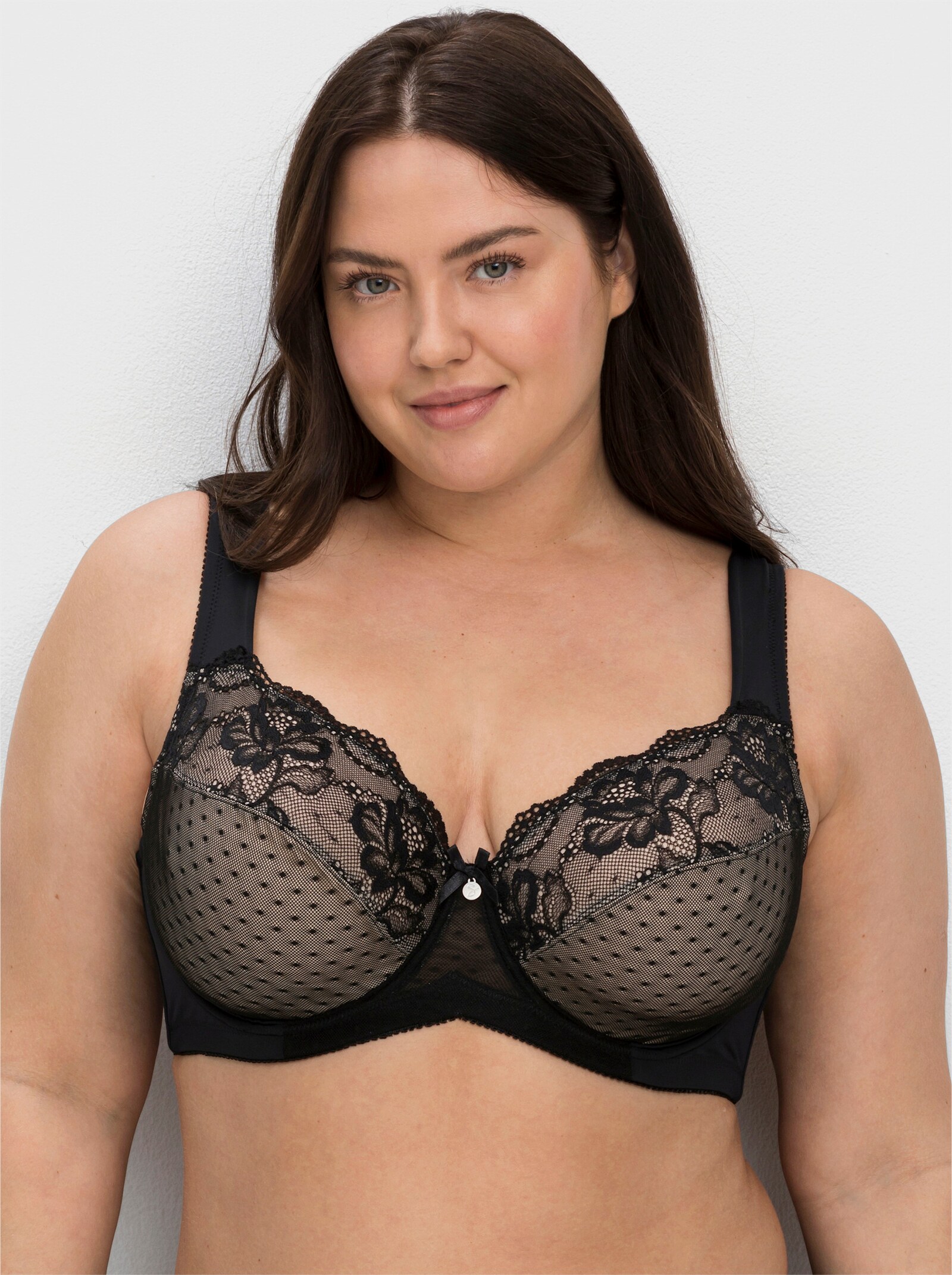 sheego Bügel-BH mit Spitze und Kontrastfutter - schwarz + taupe
