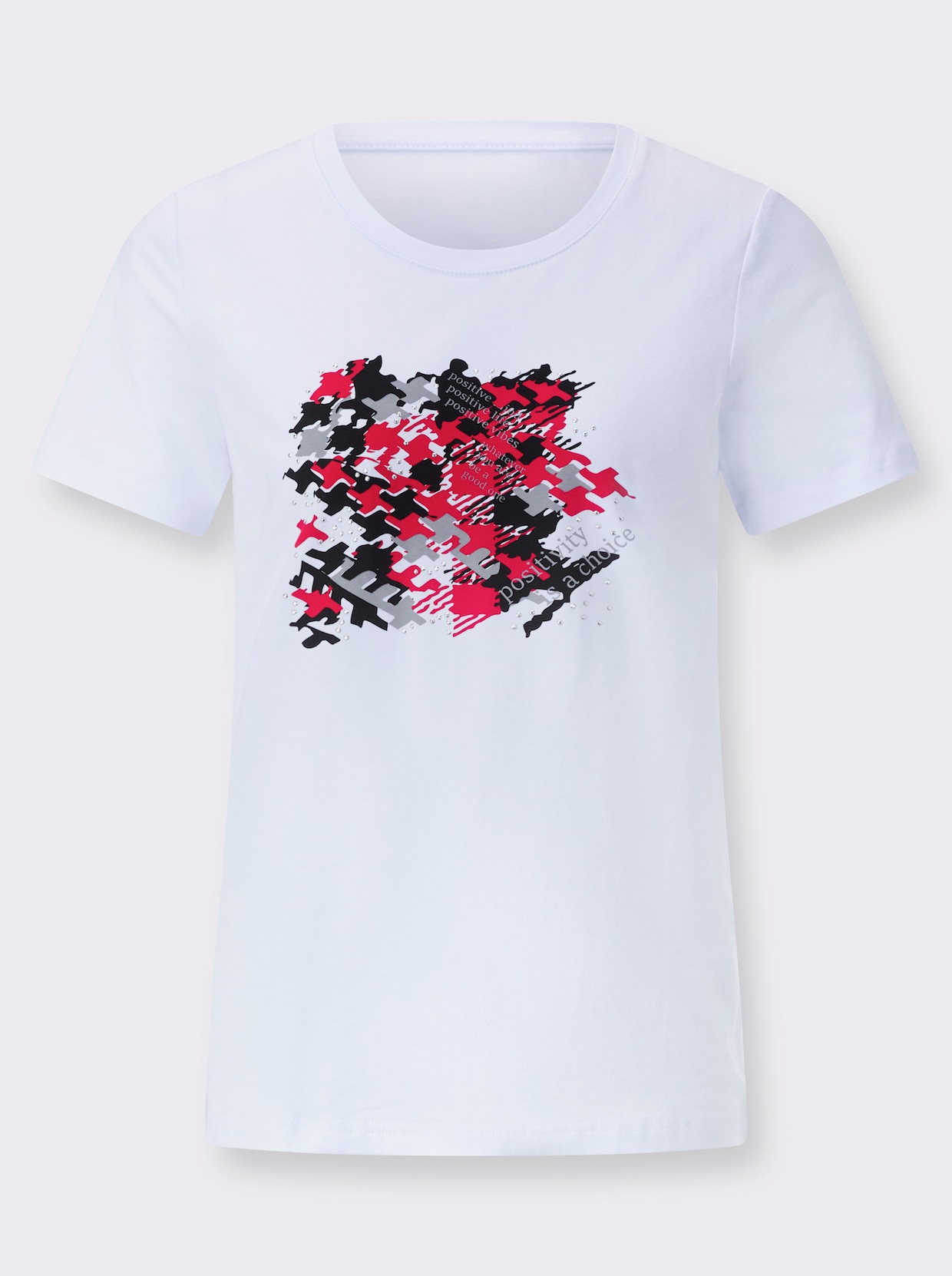 Rundhalsshirt - weiß-rot-bedruckt