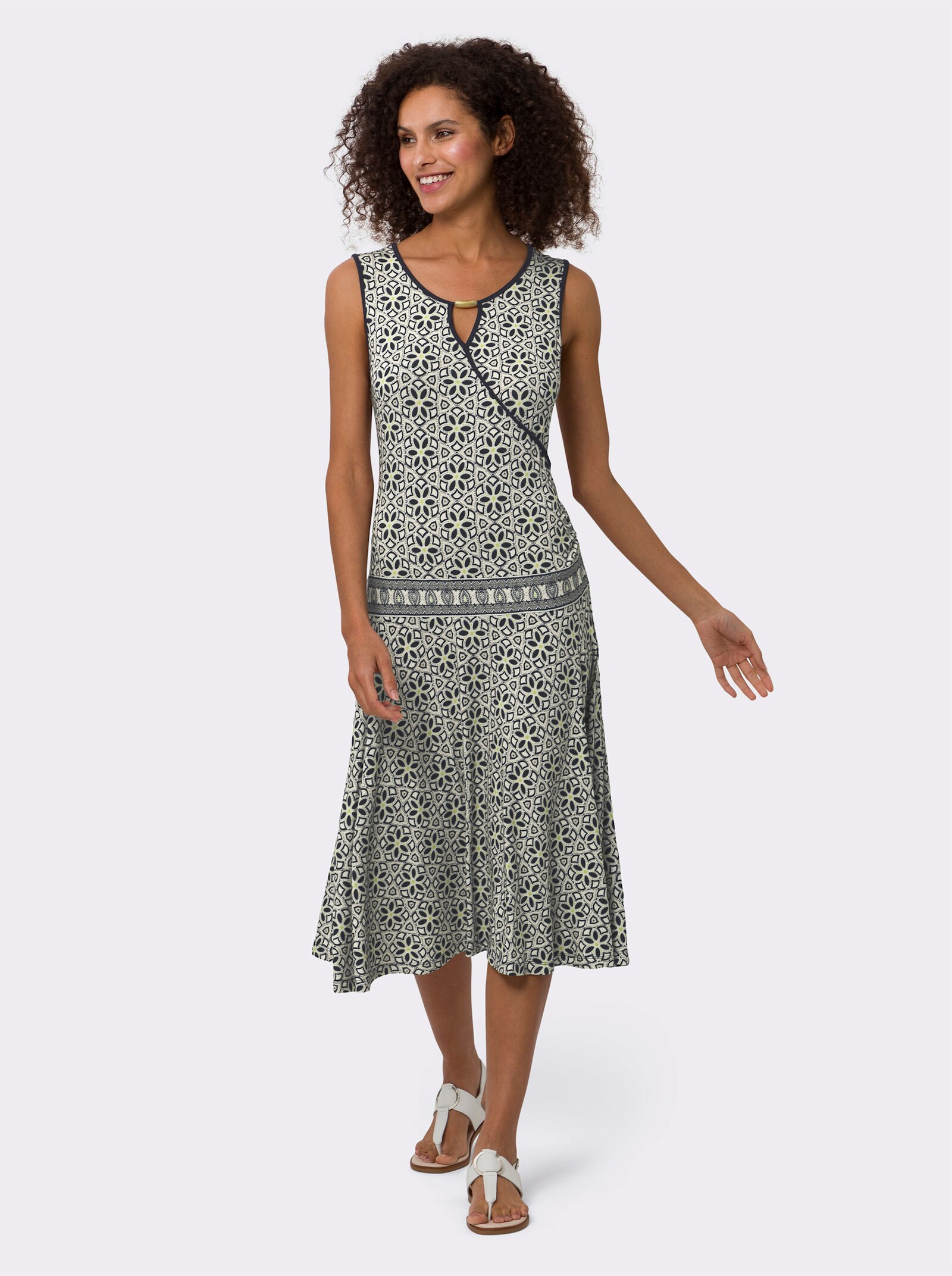 heine Druckkleid in Wickel-Optik - champagner-marine-bedruckt