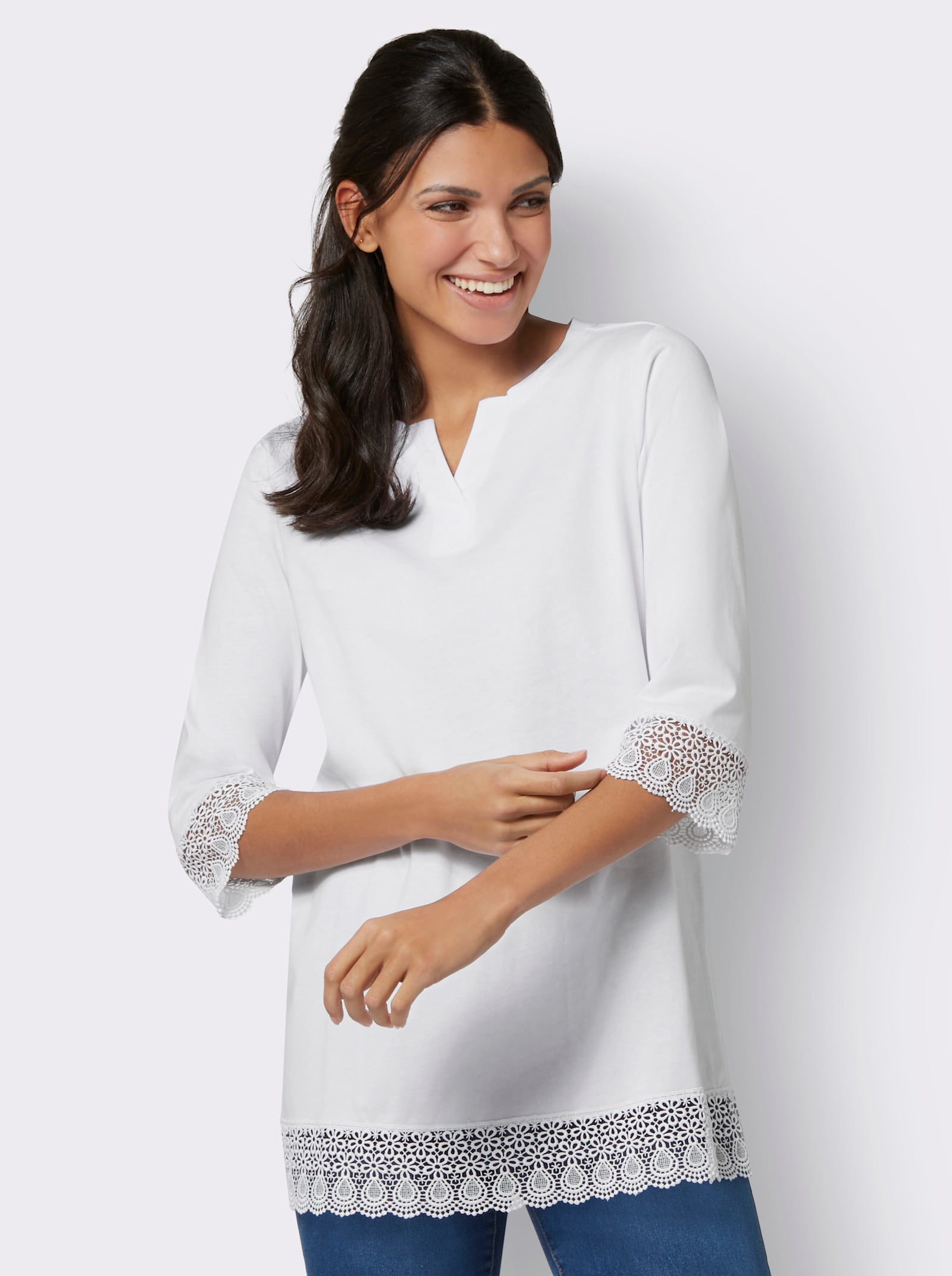 Shirt met 3/4-mouwen met kant - wit