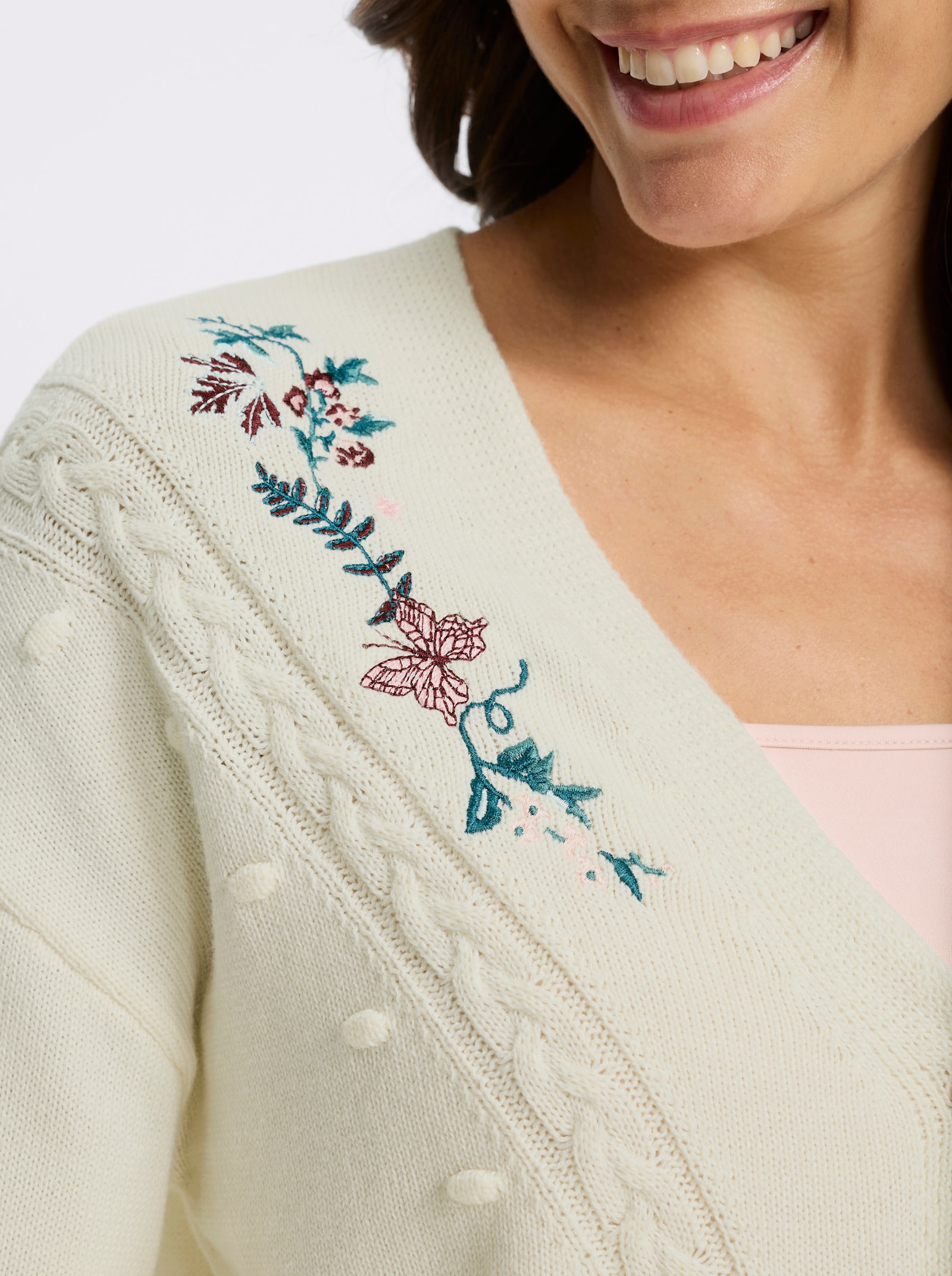 Strickjacke mit Ajour-Strick - champagner-burgund-gemustert