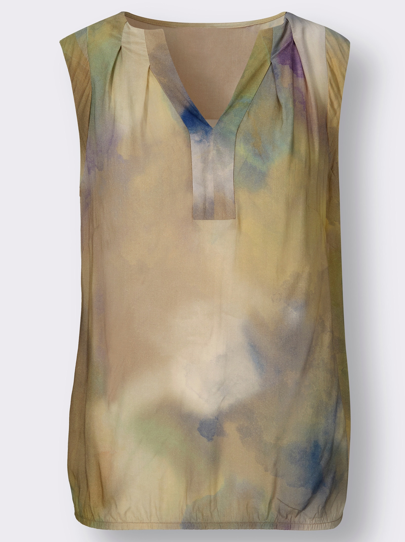 Blousetop in batikpatroon - champagne/jeansblauw bedrukt