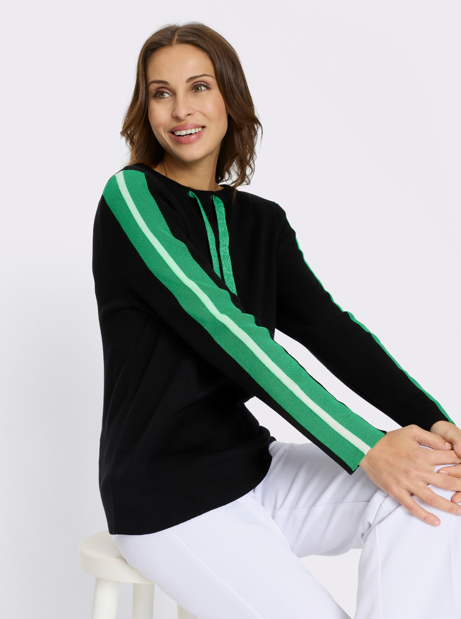 Pulóver, dlhé rukávy, kontrastné pruhy-rukávy - čier-zel. vzor