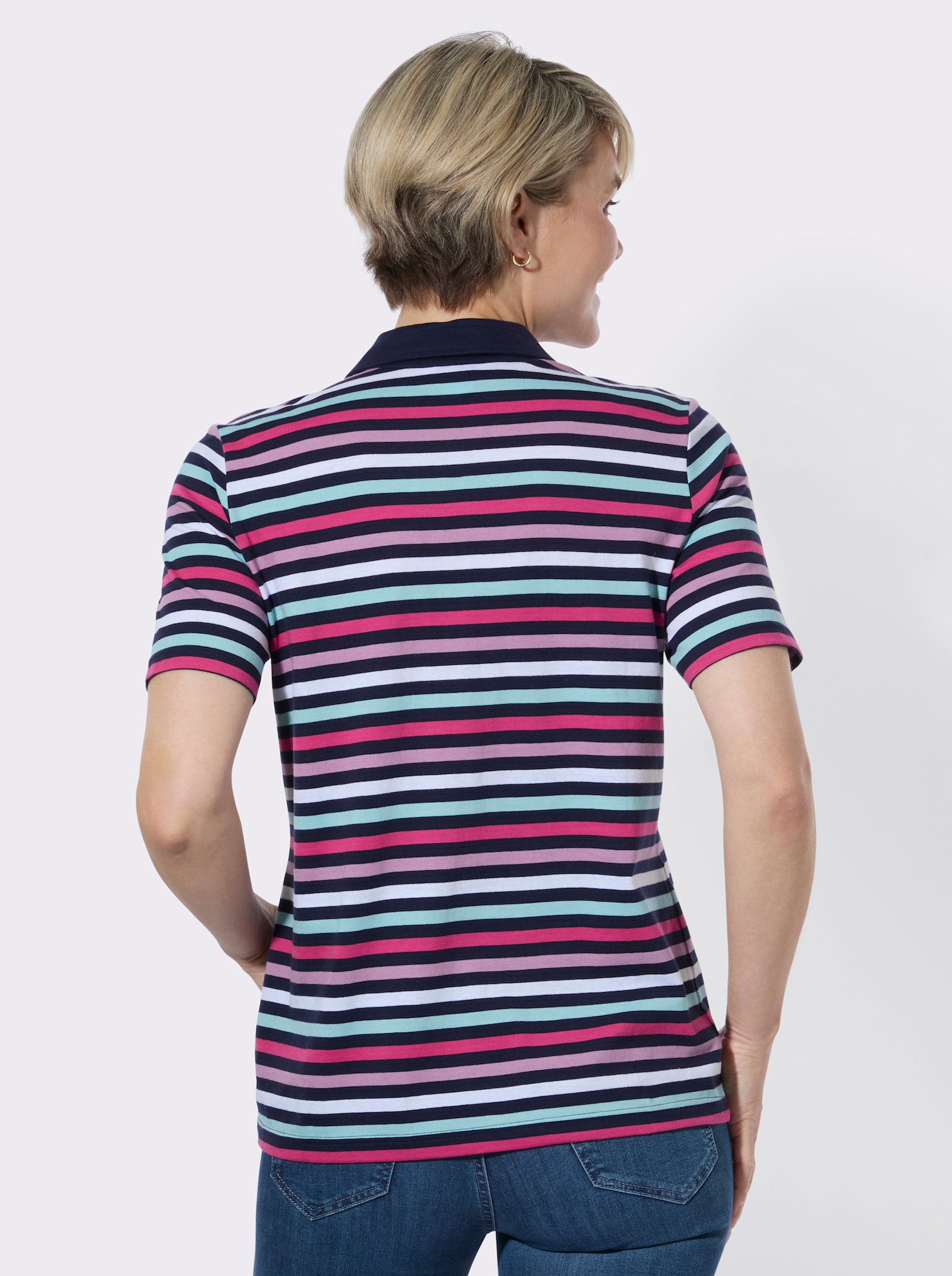 Poloshirt im garngefärbten Ringelmuster - marine-fuchsia-geringelt