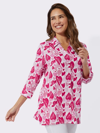 Longbluse - weiß-pink-bedruckt