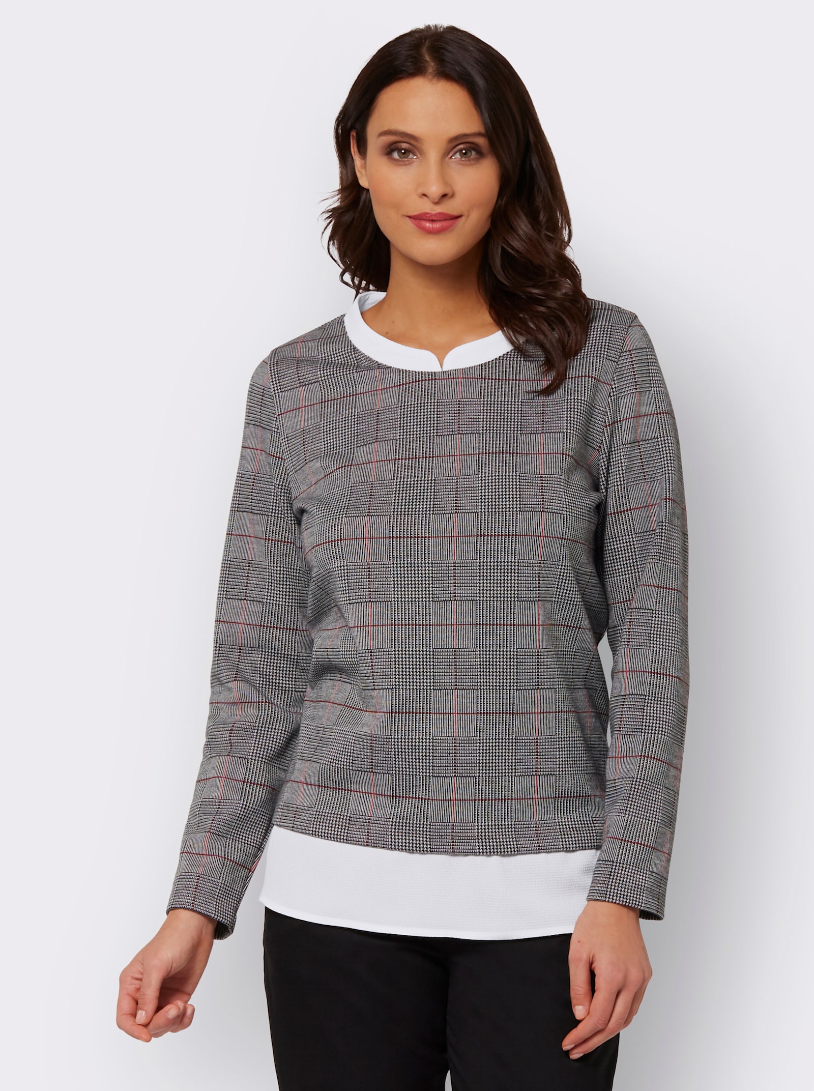 2-in-1-Shirt aus formstabilem Jersey - schwarz-rot-kariert