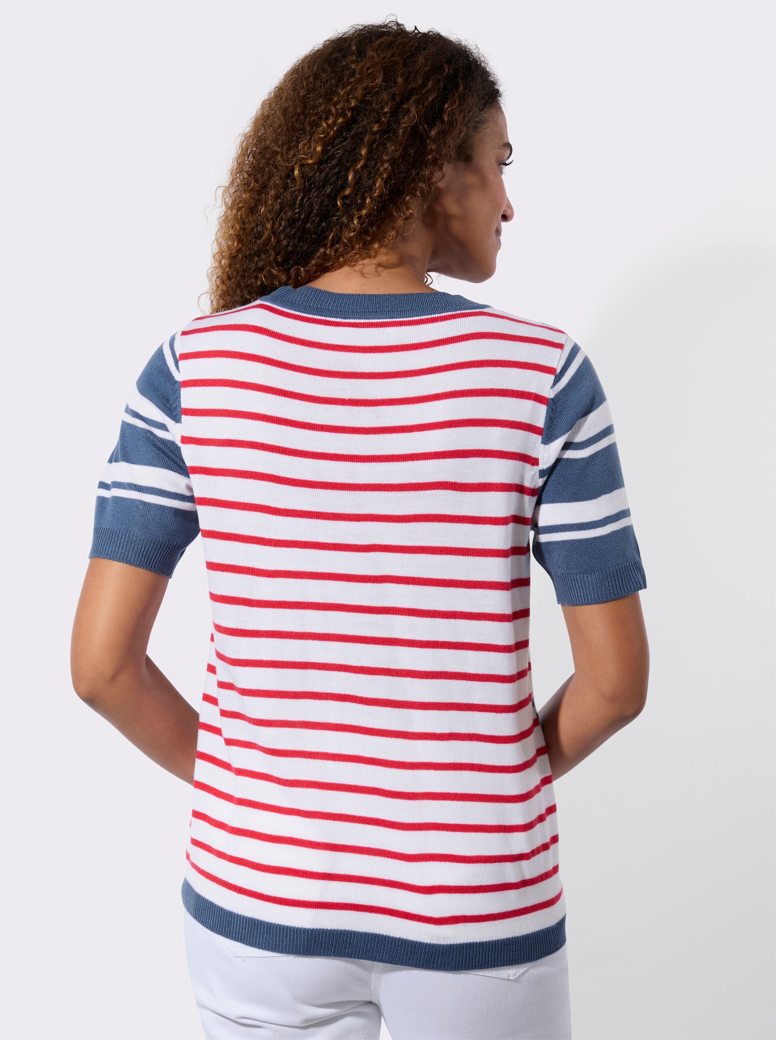 Kurzarm-Pullover - jeansblau-weiss-gestreift