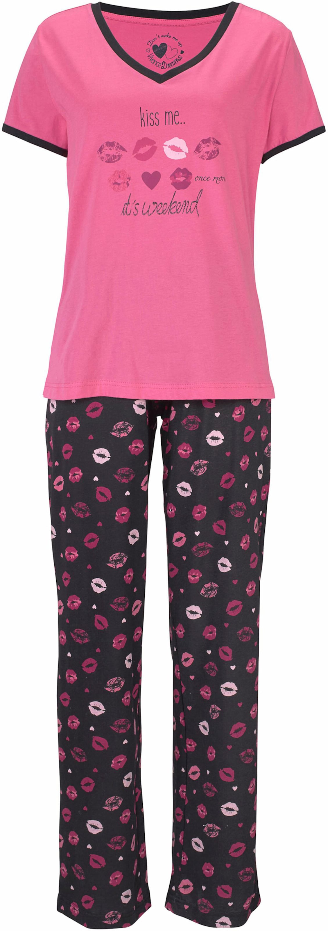 Lang Shirt  günstig Kaufen-Pyjama in pink-schwarz-gemustert von Vivance Dreams. Pyjama in pink-schwarz-gemustert von Vivance Dreams <![CDATA[Bestehend aus Shirt, langer Hose und Shorts. Shirt mit kontrastfarbenem V-Ausschnitt und Frontdruck. Gemusterte, lange Hose und Shorts mit el