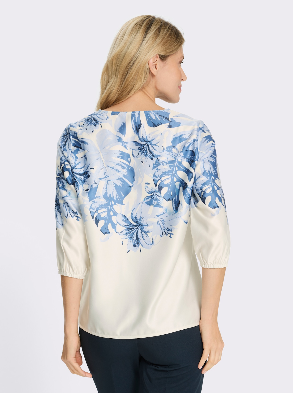 Satinbluse mit elastischen Ärmelabschlüssen - eisblau-champagner-bedruckt