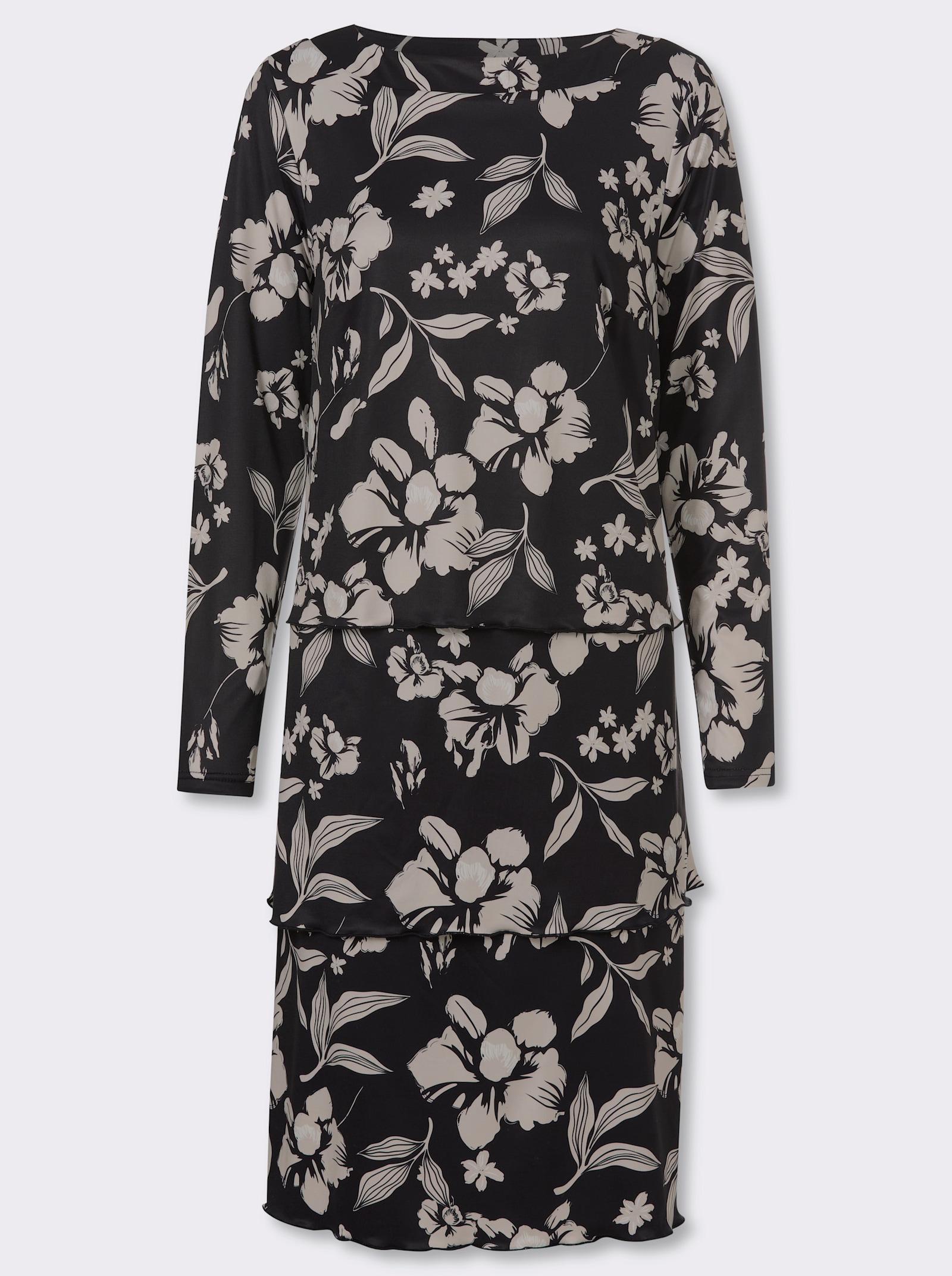 Druckkleid in Stufenform - schwarz-sand-bedruckt