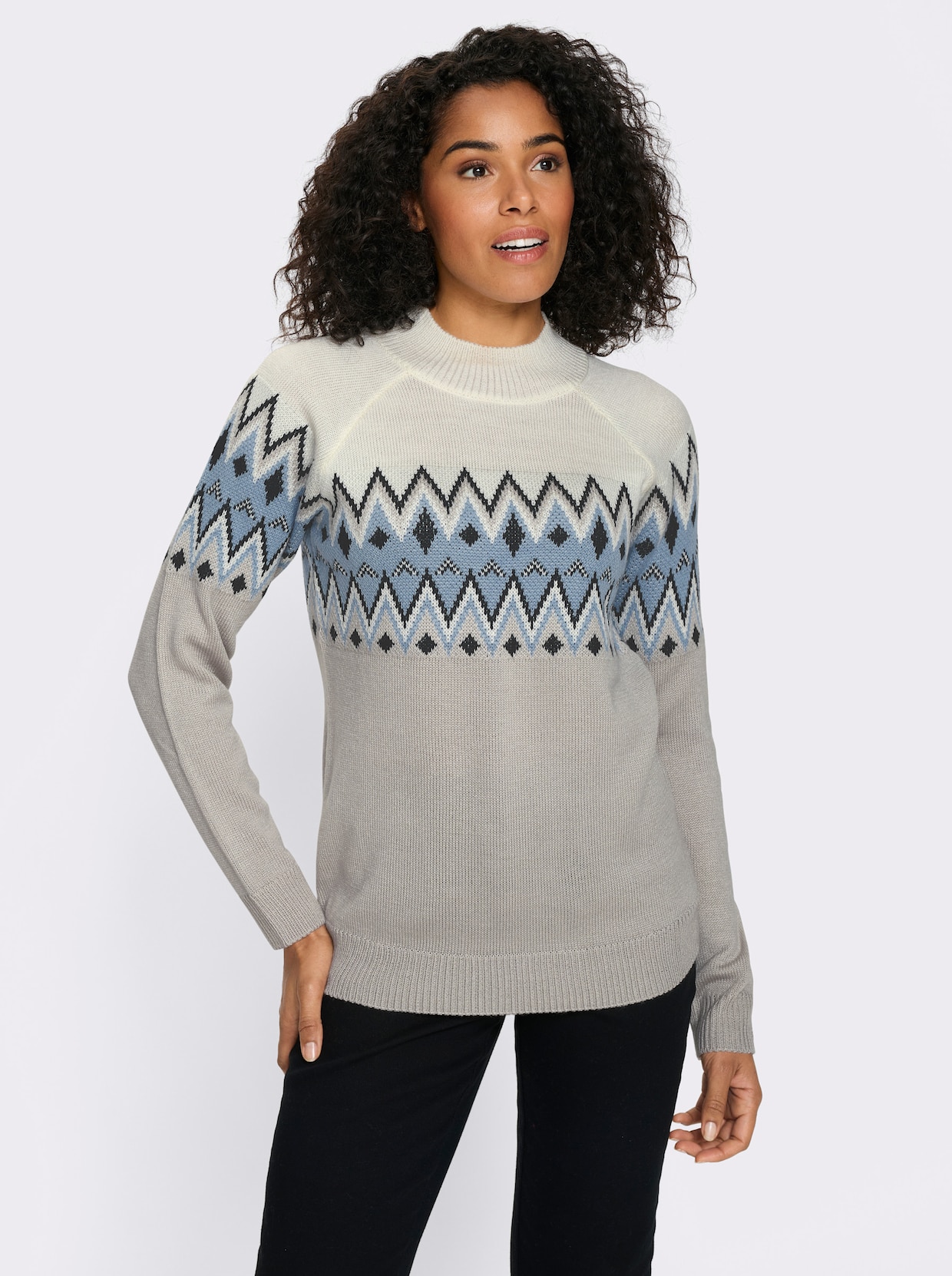 Langarm-Pullover mit Norweger-Muster - hellgrau-eisblau-gemustert