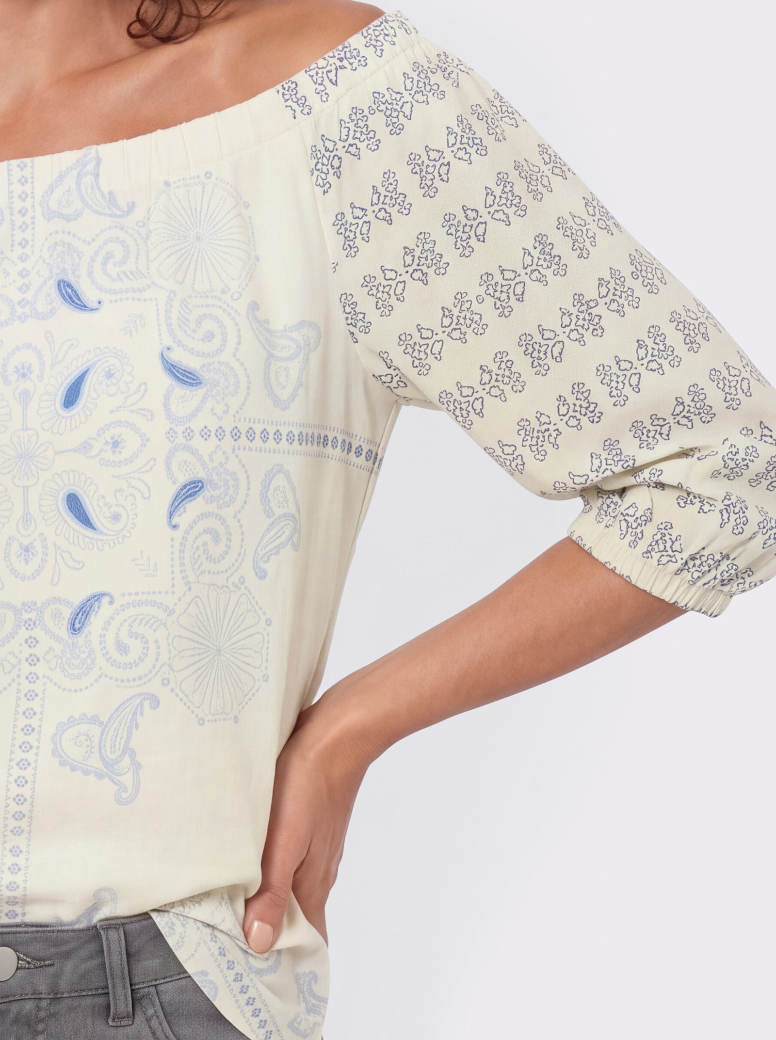 Print-Shirt mit Carmen-Ausschnitt - mittelblau-champagner-bedruckt