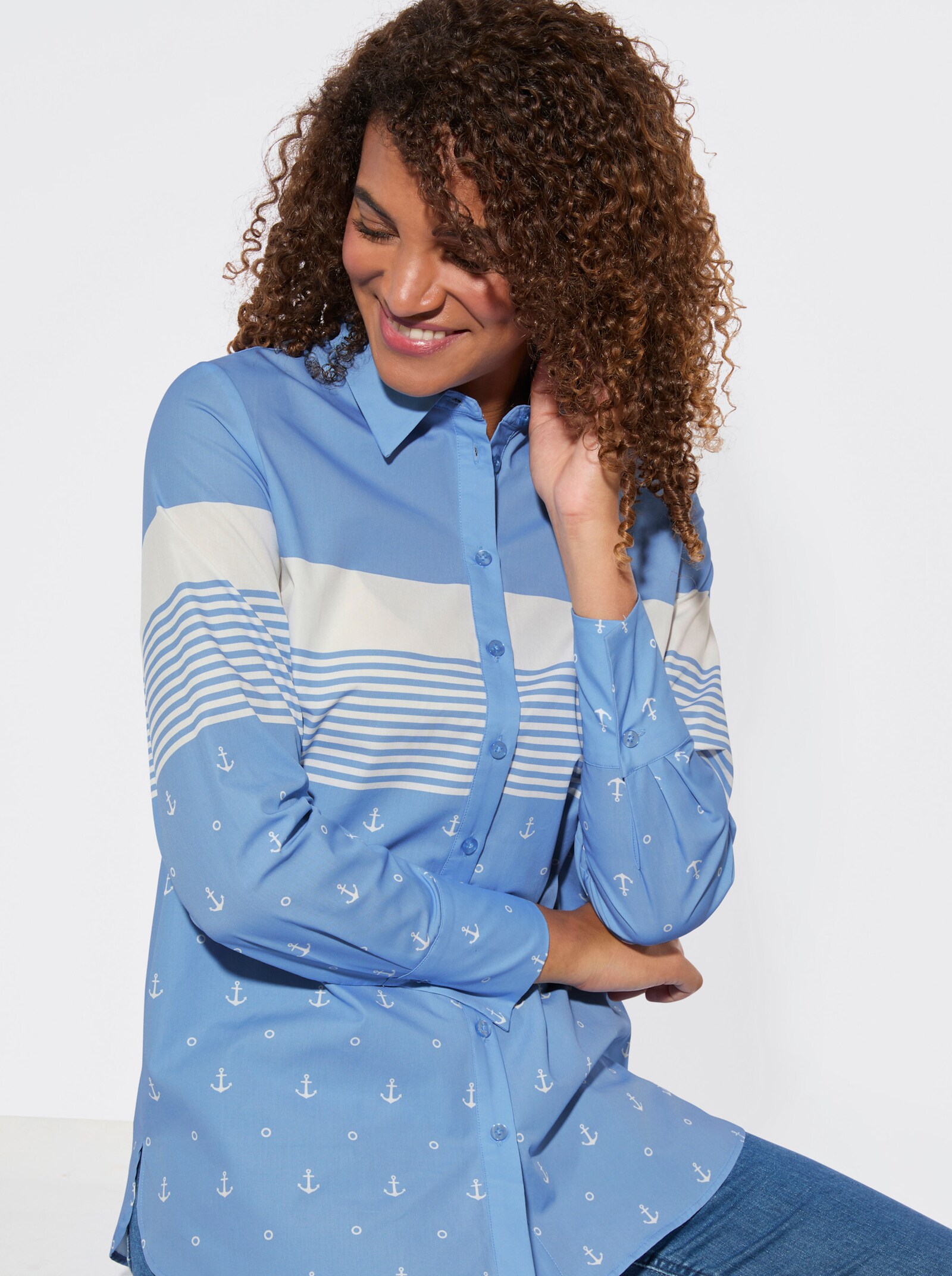 Langarm-Bluse mit Hemdkragen - himmelblau-weiß-gestreift