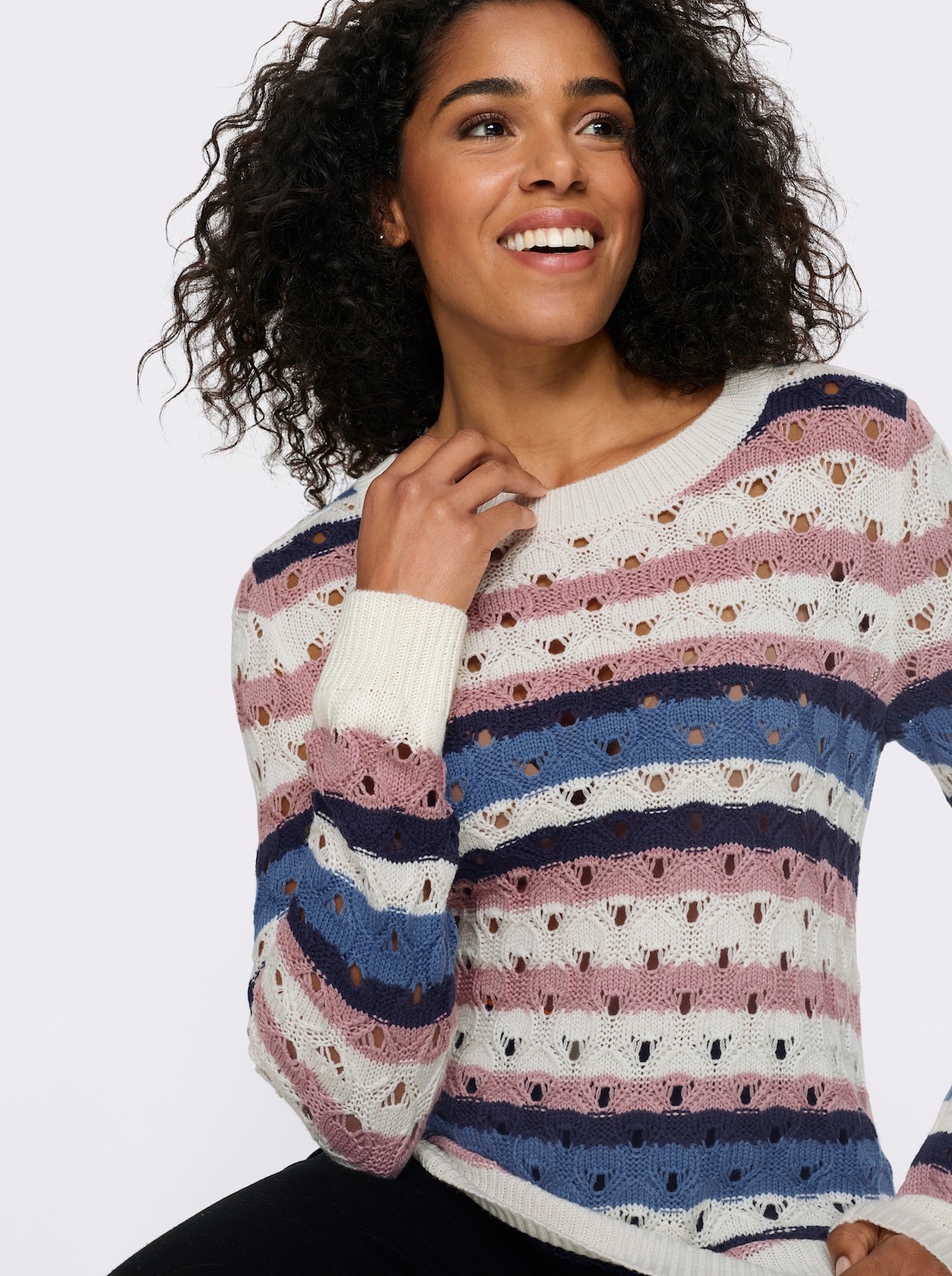 Ajourpullover mit Streifen-Muster - ecru-hortensie-gemustert