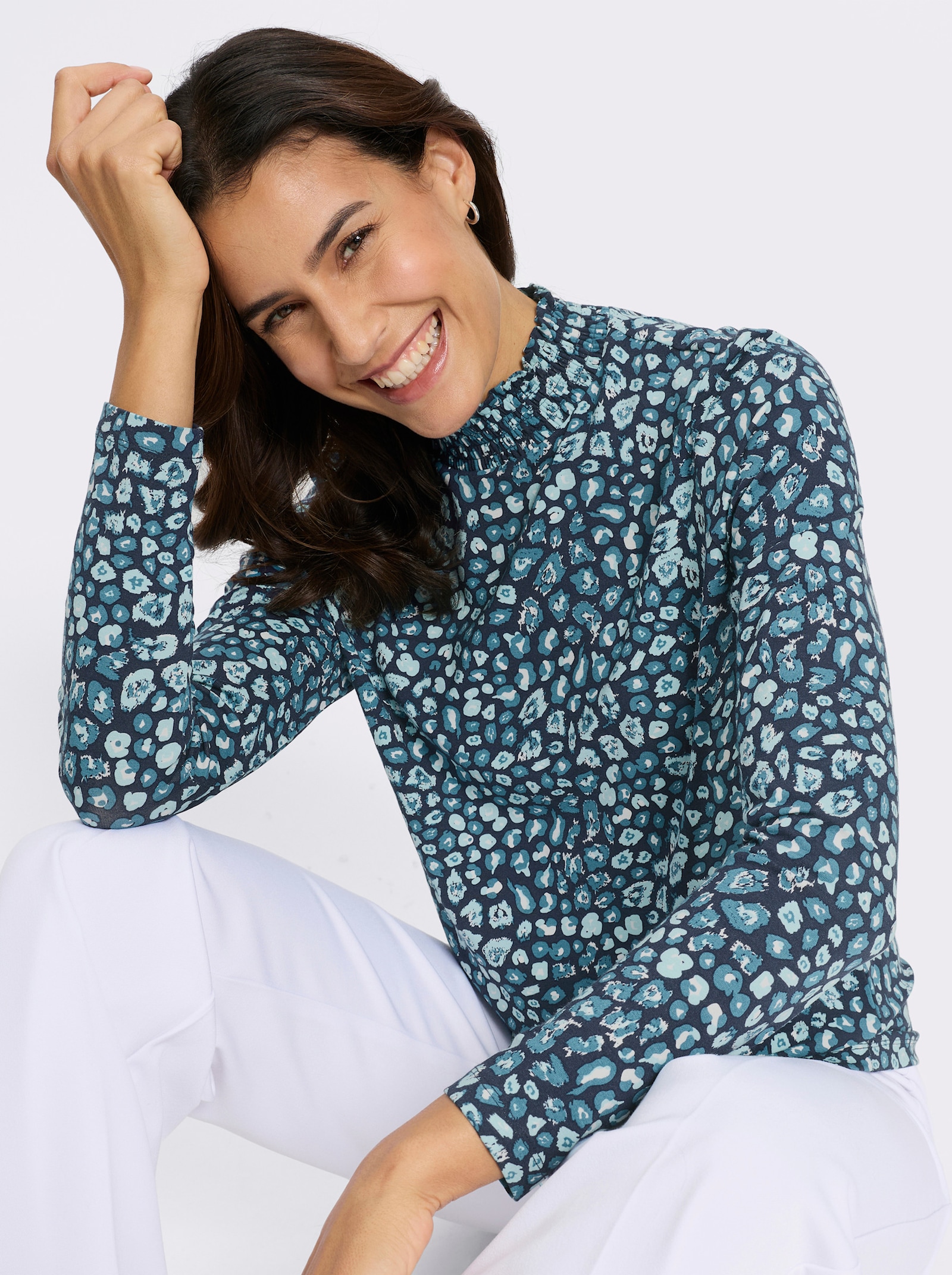 Stehkragenshirt mit gesmoktem Kragen - marine-topas-bedruckt