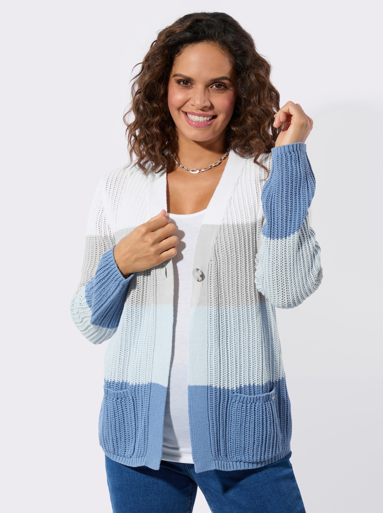 Ajourstrickjacke mit V-Ausschnitt - mittelblau-ecru-geringelt
