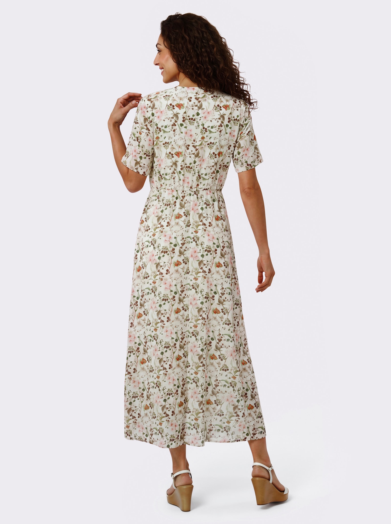 Druckkleid mit V-Ausschnitt - champagner-schilf-bedruckt