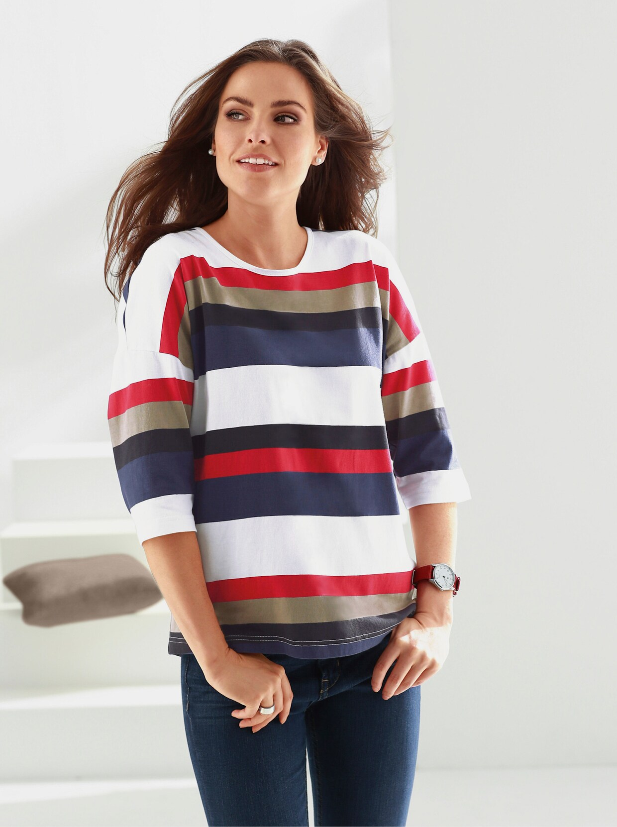 T-shirt à manches 3/4 - rouge à rayures fines