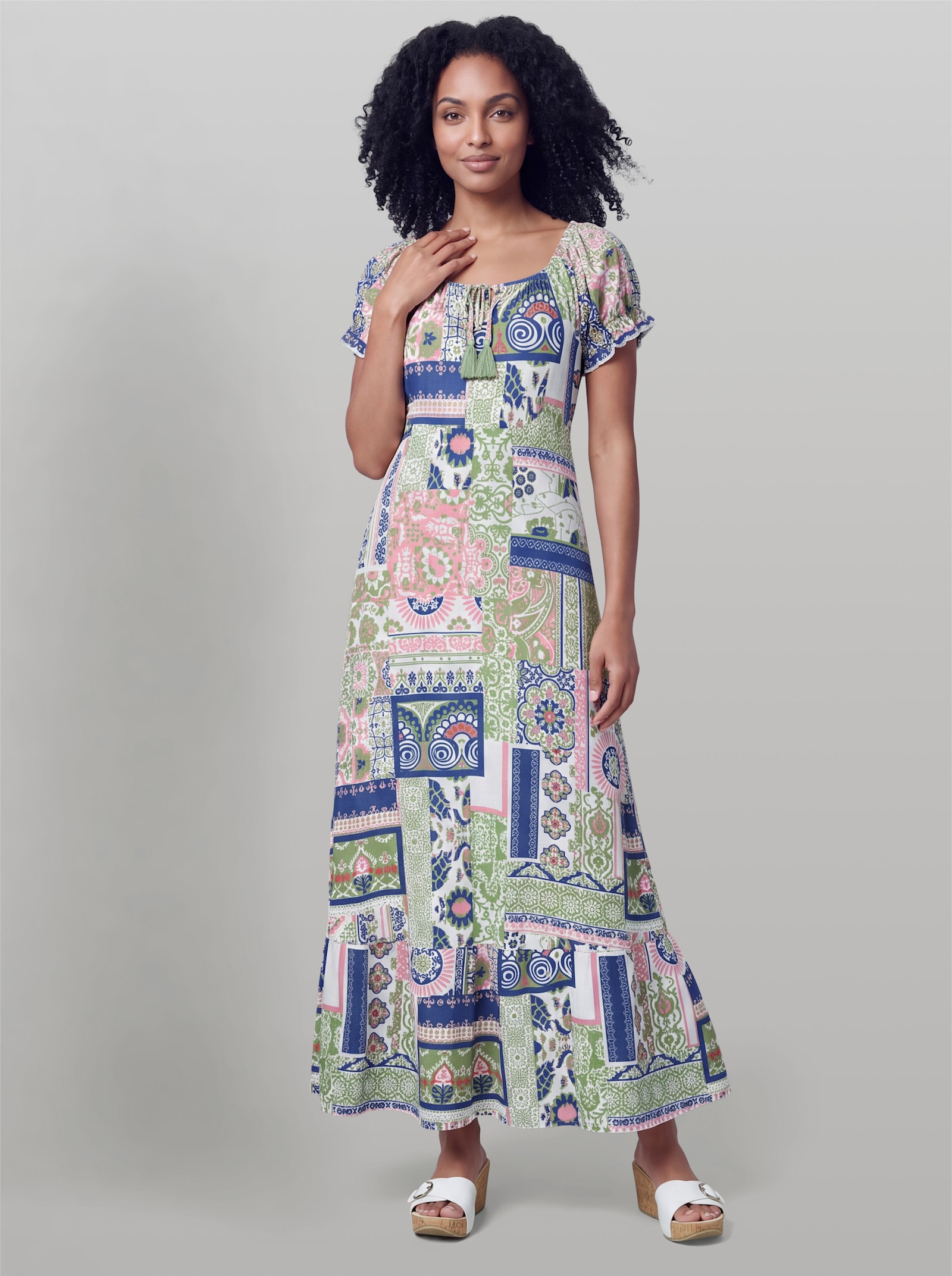 heine Druckkleid mit Carmen-Ausschnitt - eucalyptus-royalblau-bedruckt