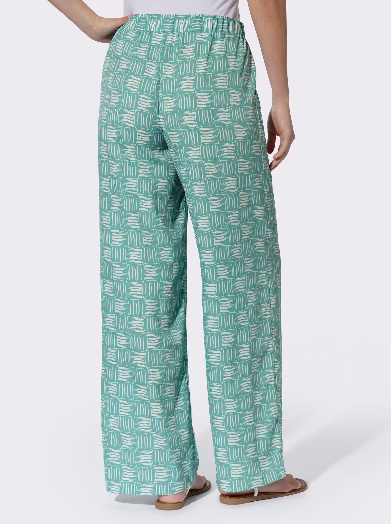 Comfortbroek met 2 zakken - salie/ecru bedrukt