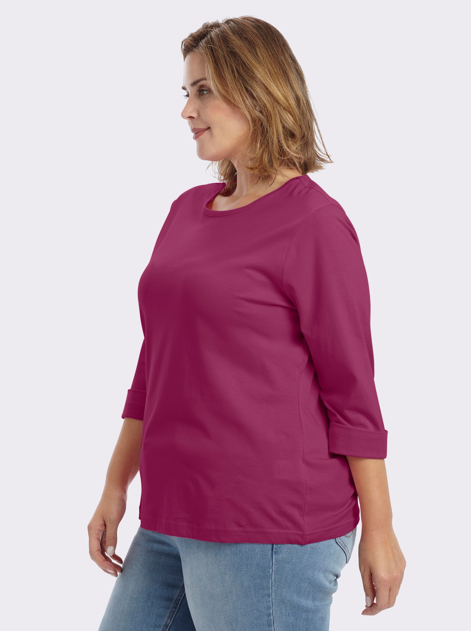 Rundhalsshirt mit 3/4-langen Ärmeln - brombeer