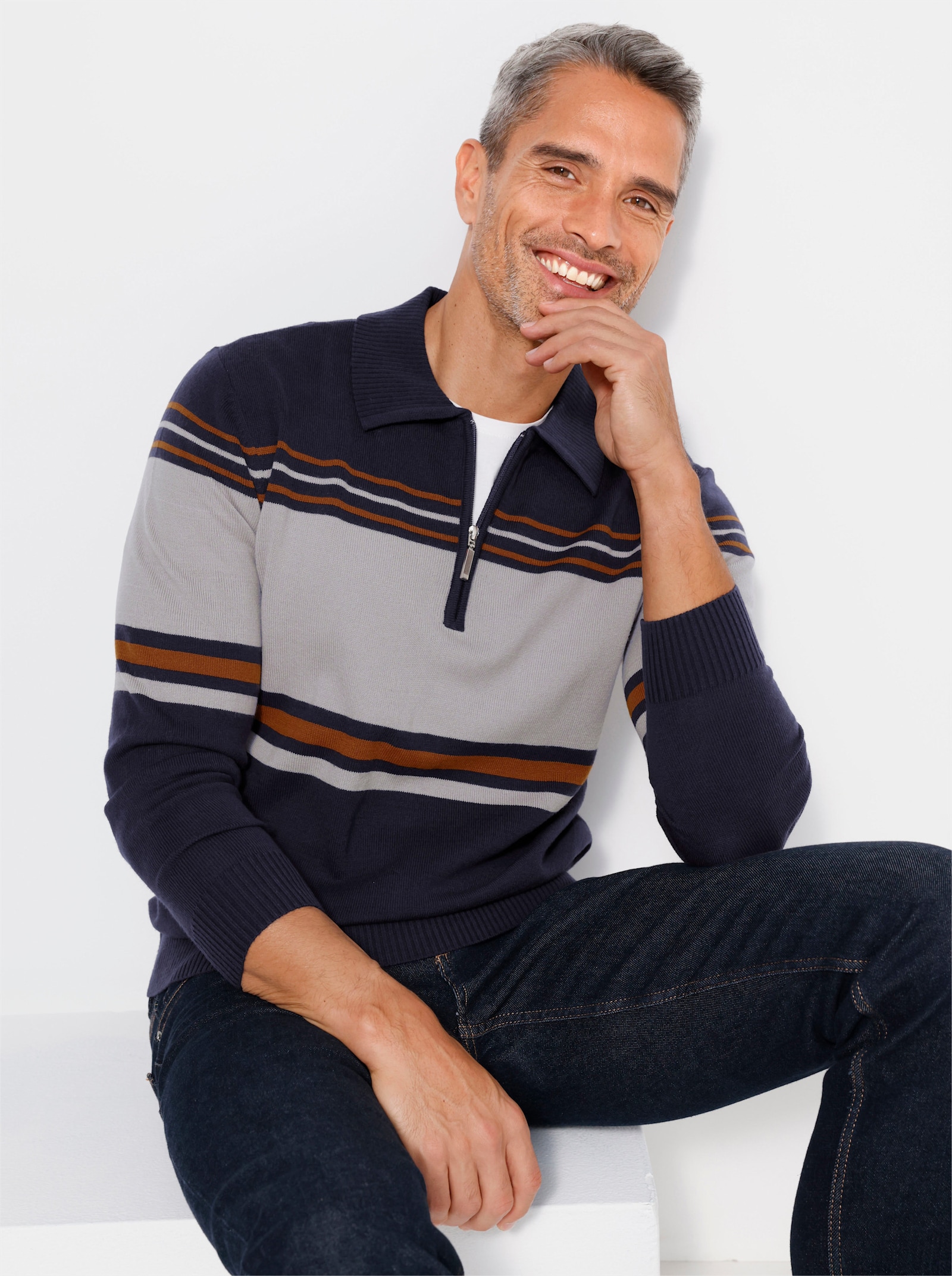 Polopullover met op dessin geplaatst streeppatroon - marine/steengrijs