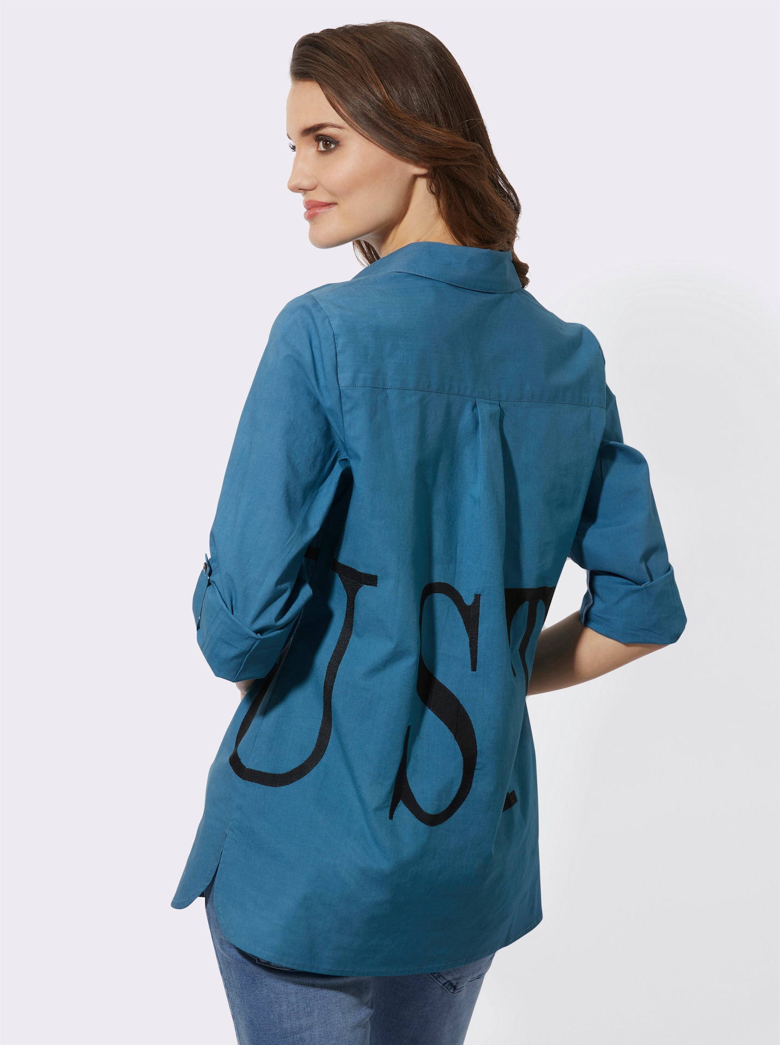 Longbluse mit Stickerei-Schriftzug - topas-schwarz