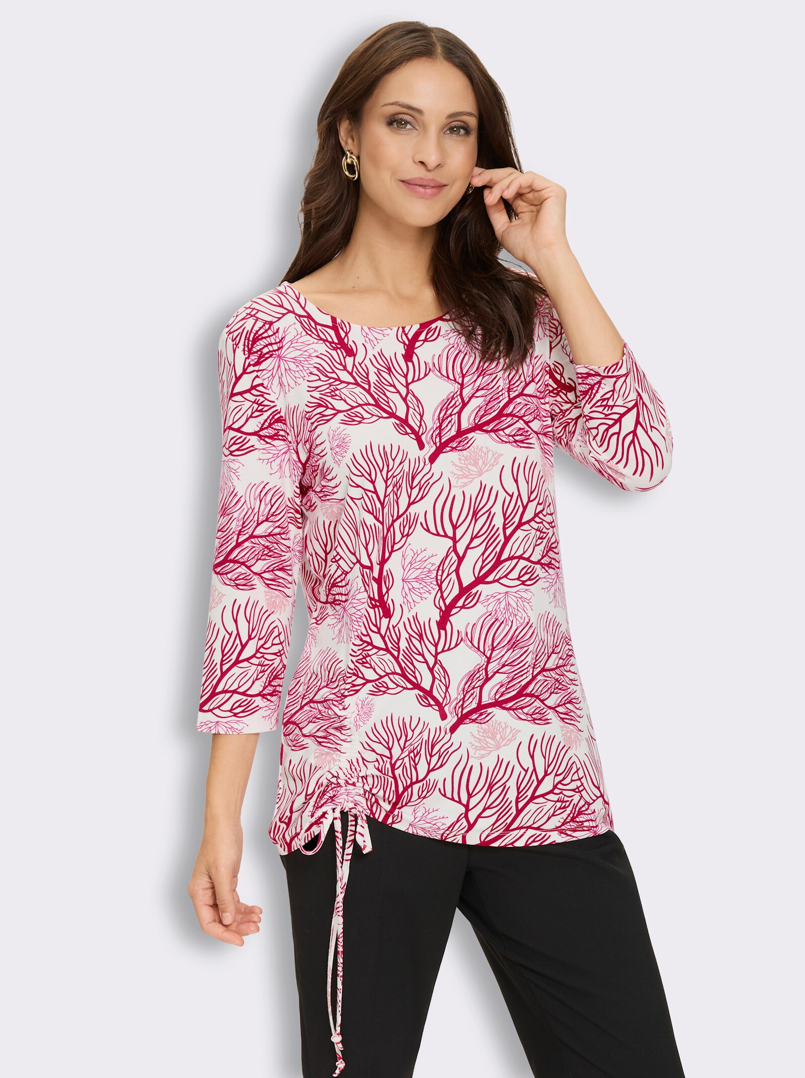 3/4-Arm-Shirt mit Korallenmuster - ecru-rot-bedruckt