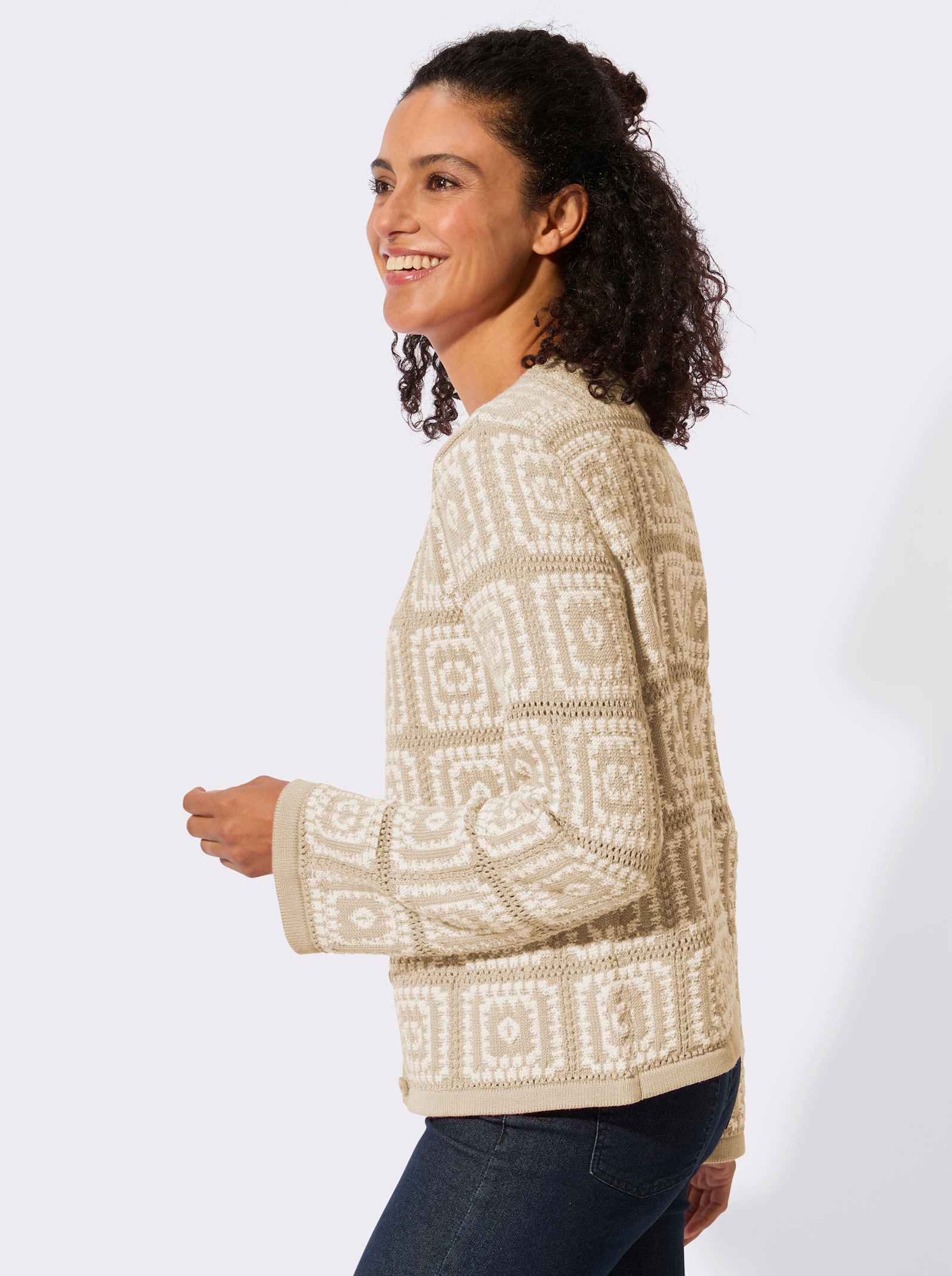Strickjacke in Häkel-Optik - sand-weiß