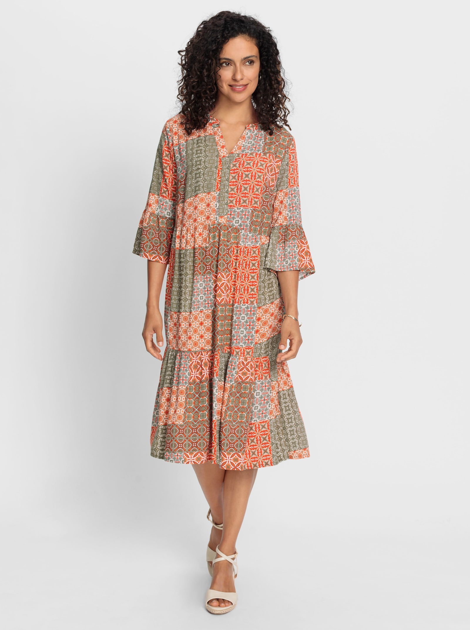 Druckkleid mit Volants - papaya-khaki-bedruckt