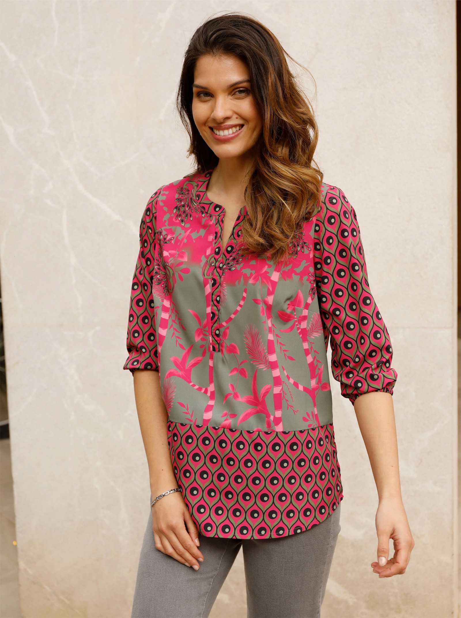 Tunika mit 3/4-Ärmeln - pink-khaki-bedruckt