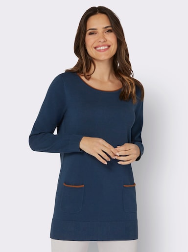 Longpullover mit Kontrast-Rollsaum - dunkelblau