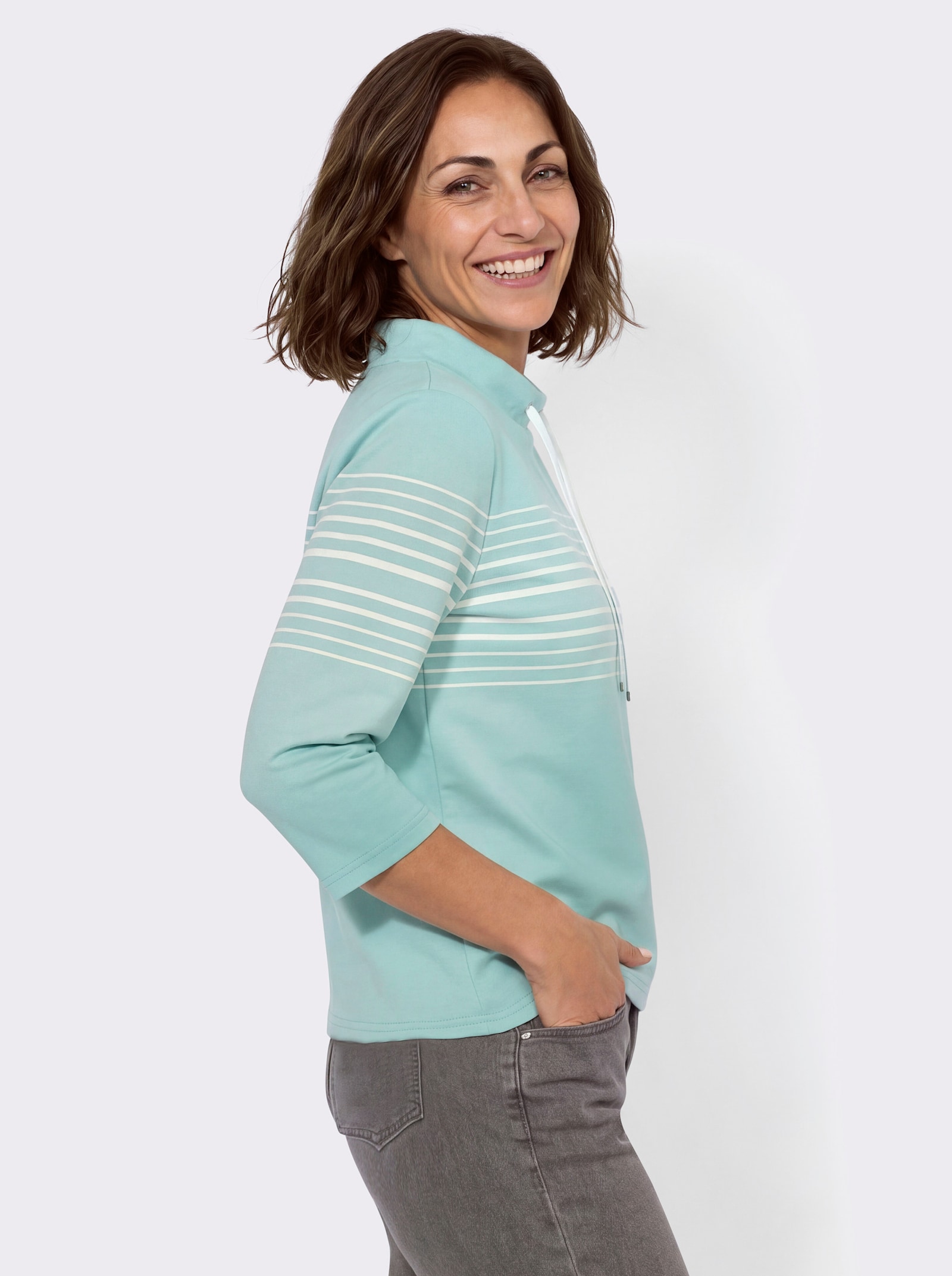 Sweatshirt mit Stehkragen - mint-ecru-geringelt