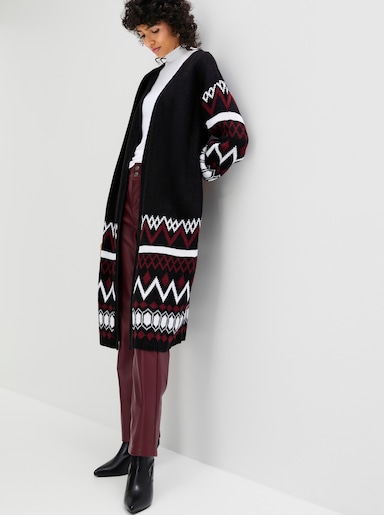 Longstrickjacke - schwarz-bordeaux-gemustert