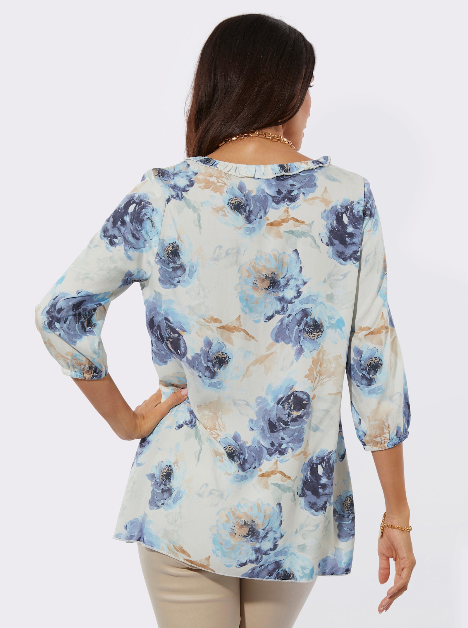 Longbluse aus reiner VIskose - champagner-bleu-bedruckt