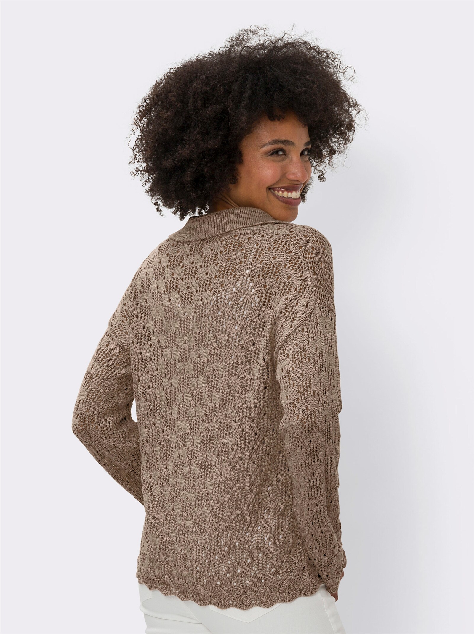 heine Ajourpullover met polokraag - sesam