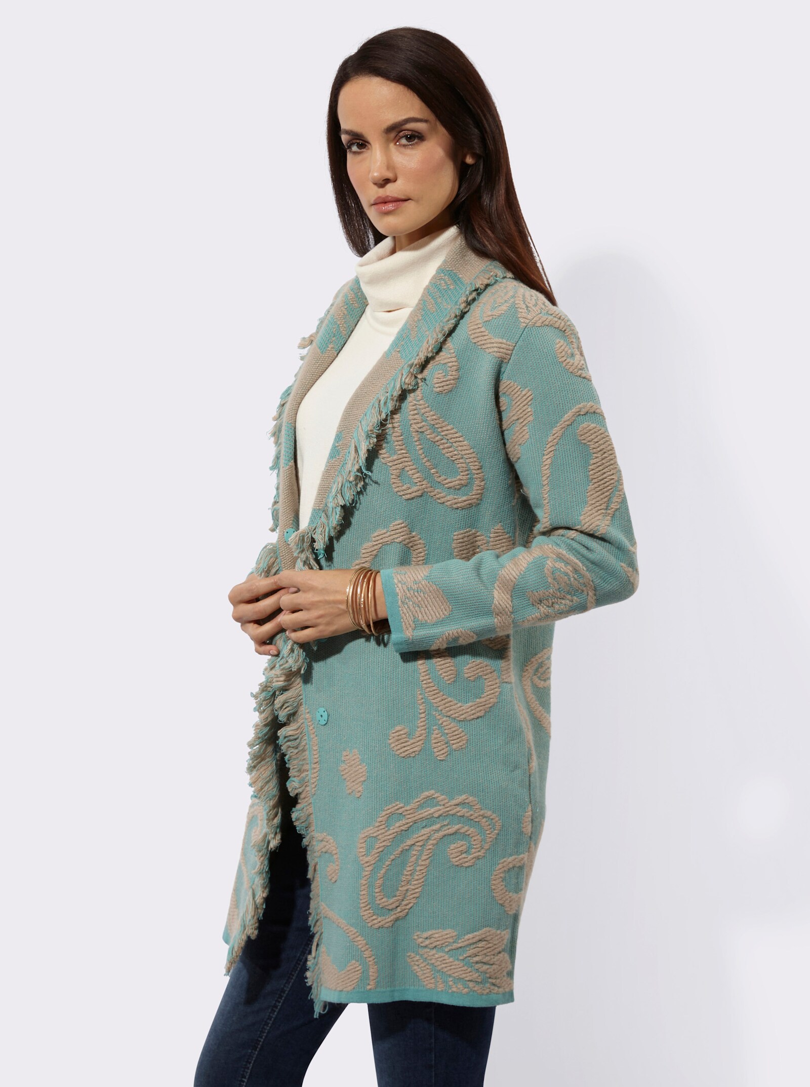 Cardigan mit zweifarbigen Fransen - salbei-beige-gemustert