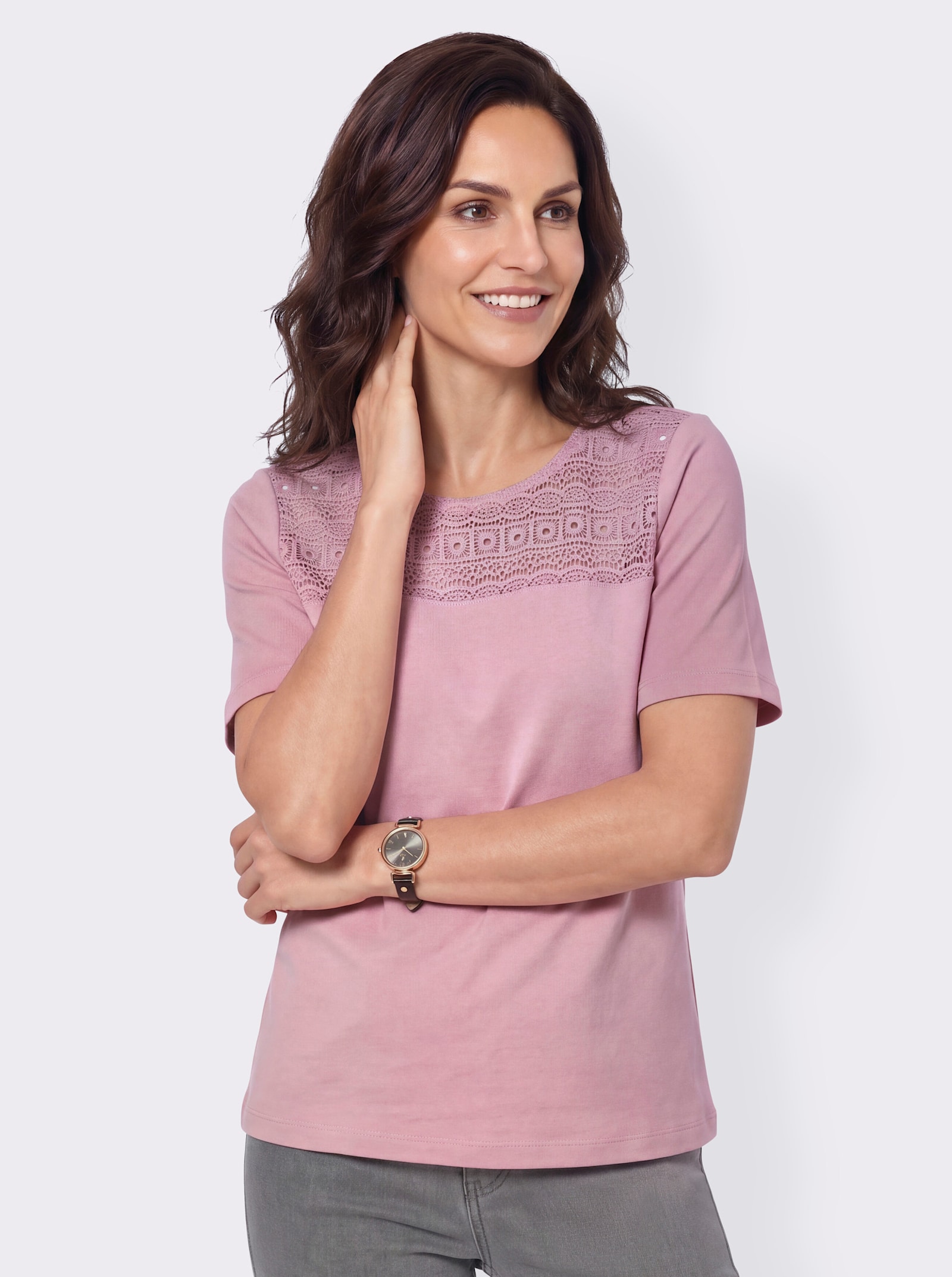 Spitzenshirt mit Rundhals-Ausschnitt - rosé