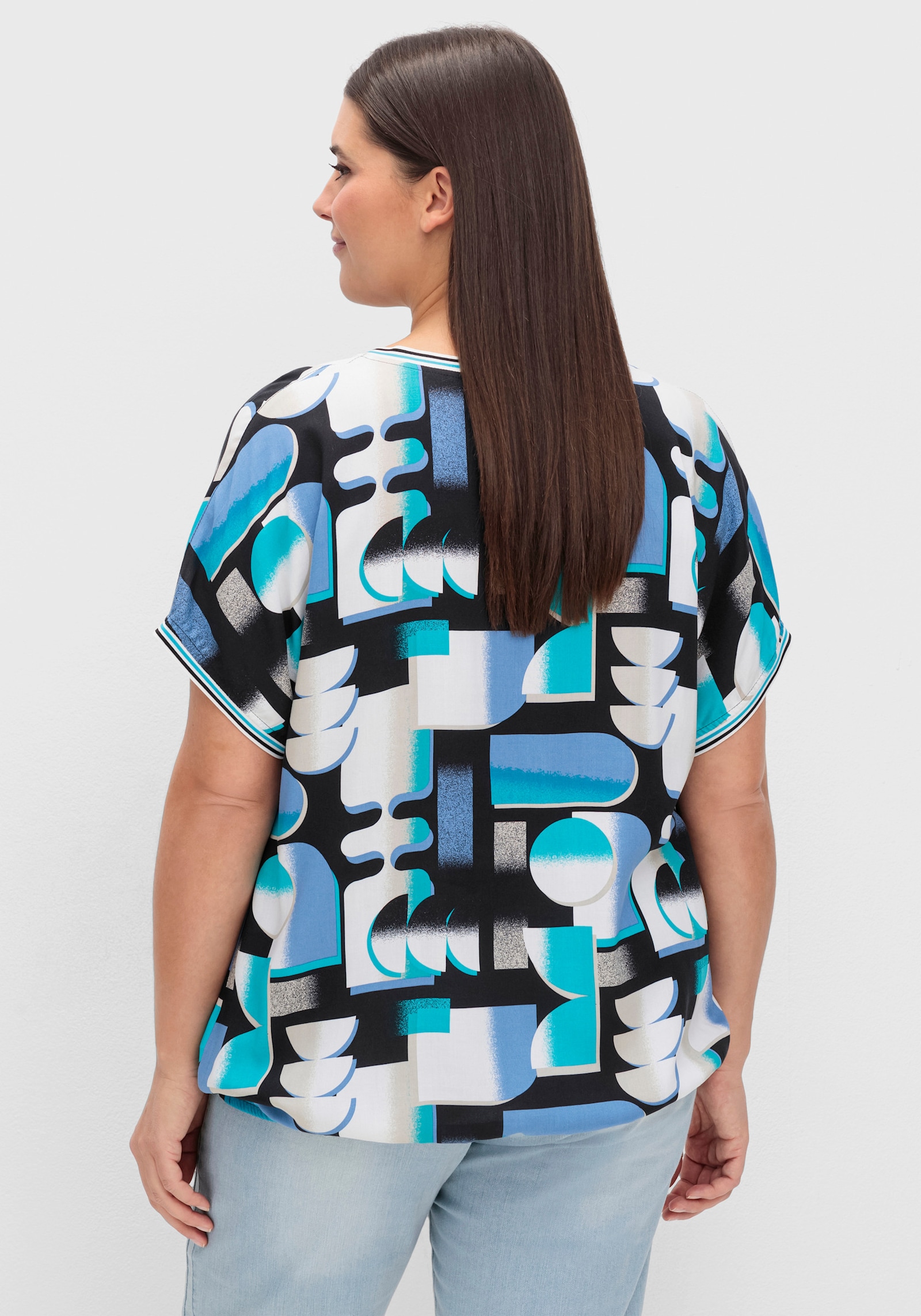 Druckbluse mit gestreiften Bündchen - türkis-schwarz-bedruckt