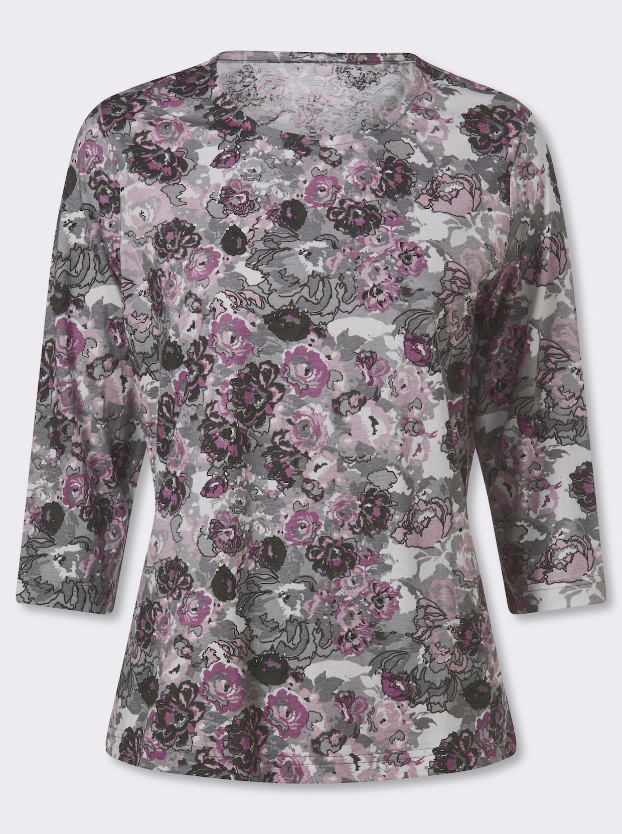 3/4-Arm-Shirt im Blüten-Dessin - steingrau-mauve-bedruckt