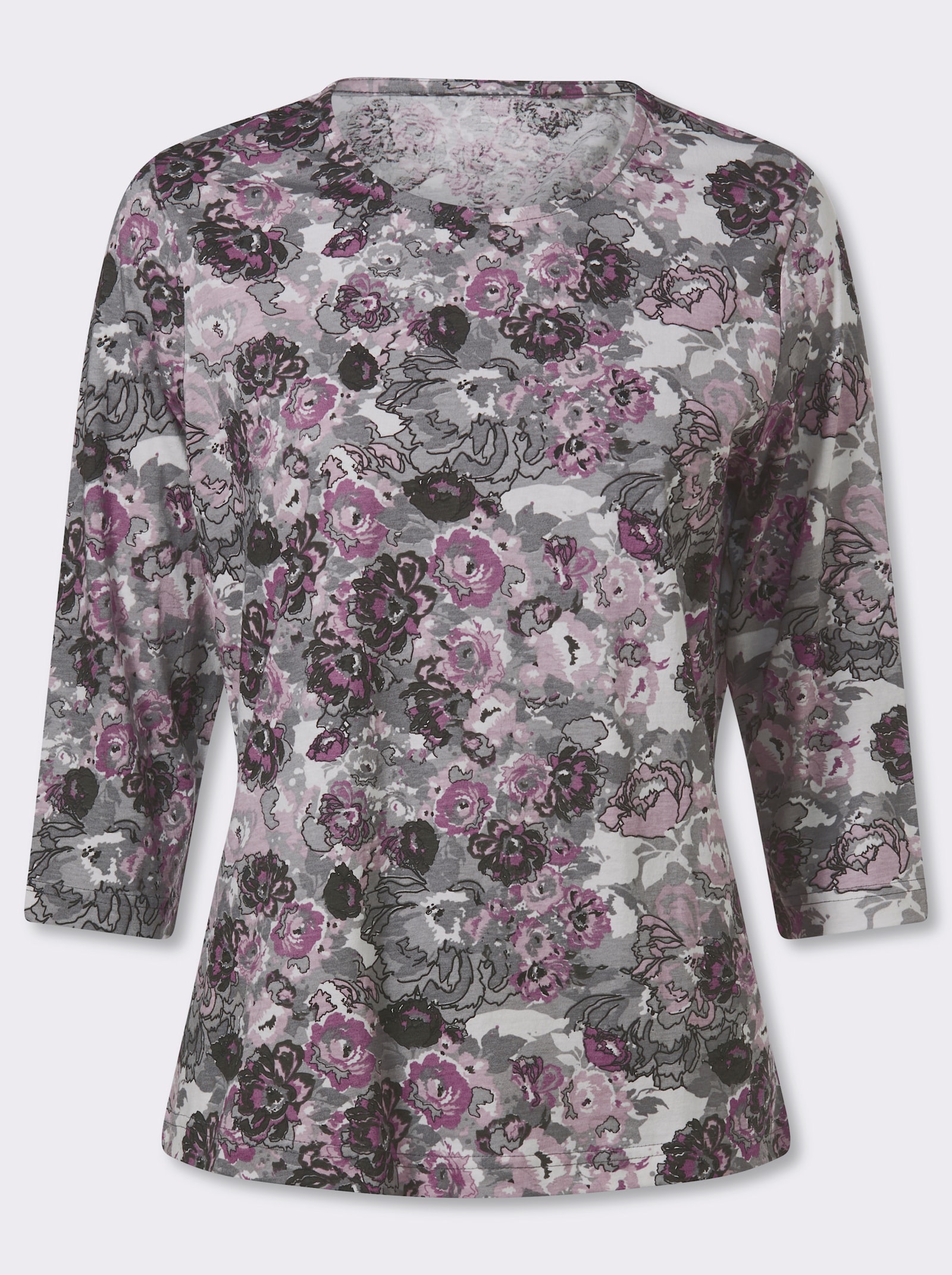 3/4-Arm-Shirt im Blüten-Dessin - steingrau-mauve-bedruckt