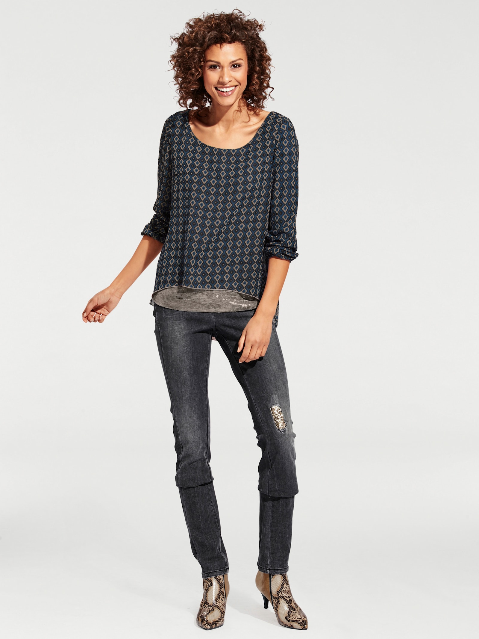 heine Blusenshirt in 2-in-1-Optik - petrol-taupe