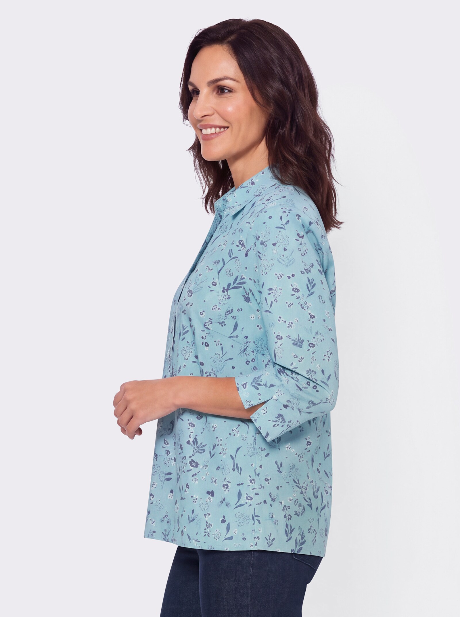 Druckbluse in Schlupfform - mint-jeansblau-bedruckt